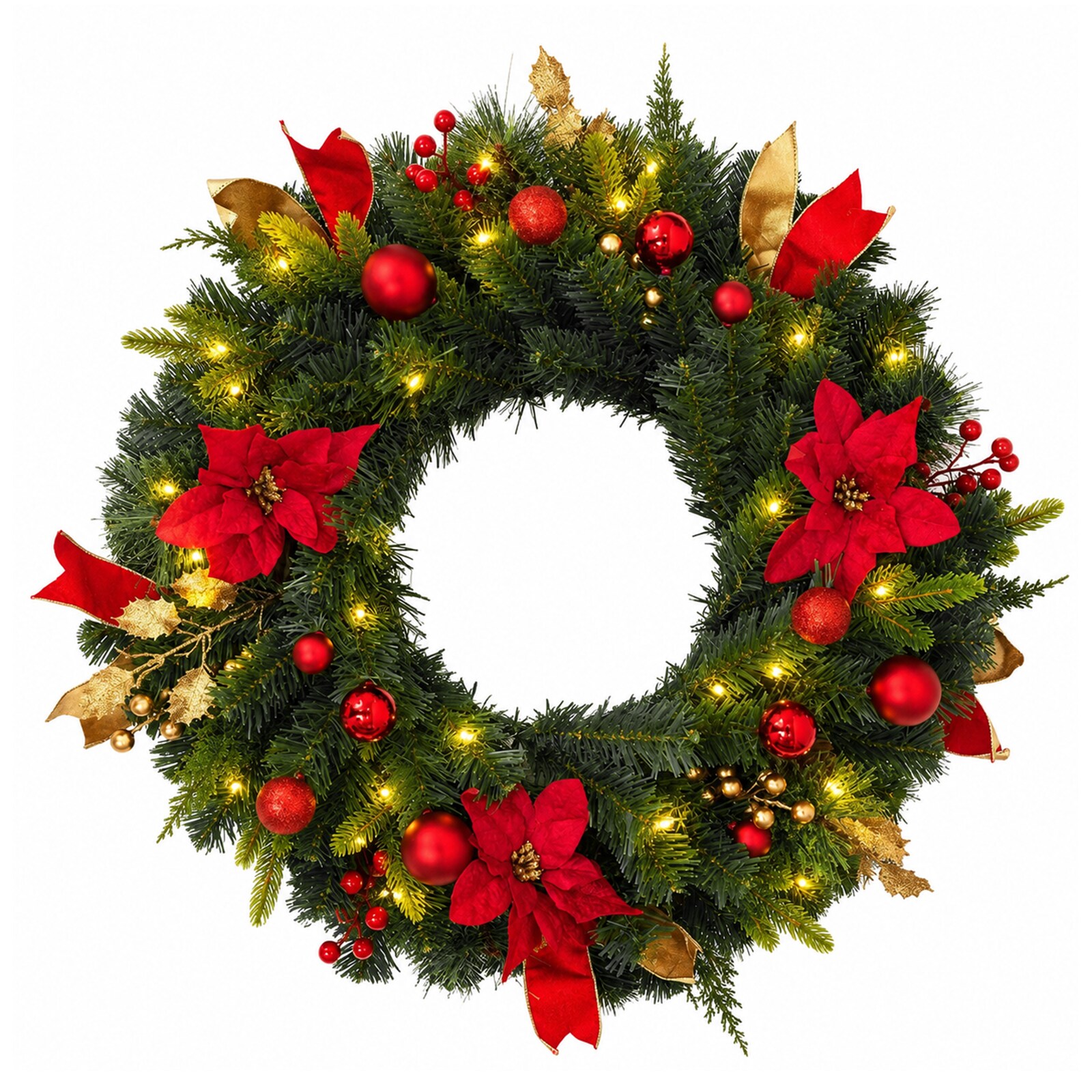 IdealHouse 24 Inch Large Christmas Wreath for Front Door and Window - Ball and Berry Ornament Holiday Wreath for Indoor Use - Rustic Farmhouse Decor with Red Bow