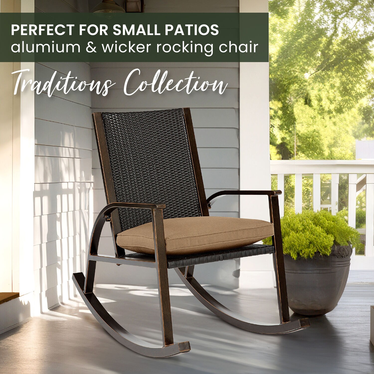 Beige Aluminum Wicker Back Rocking Chair with Cushions