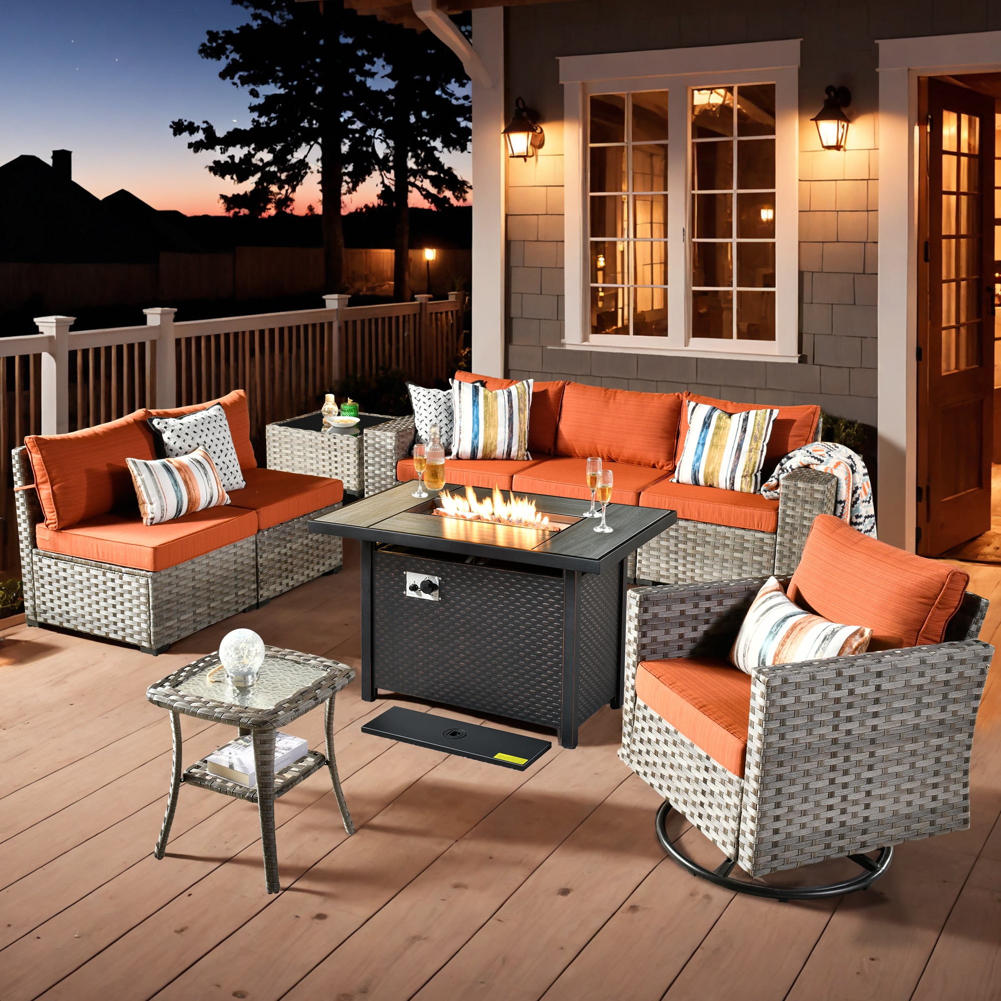 Pouuin SCFPBBR8-9 Wicker Outdoor Sectional with Orange Cushions and Wicker Frame