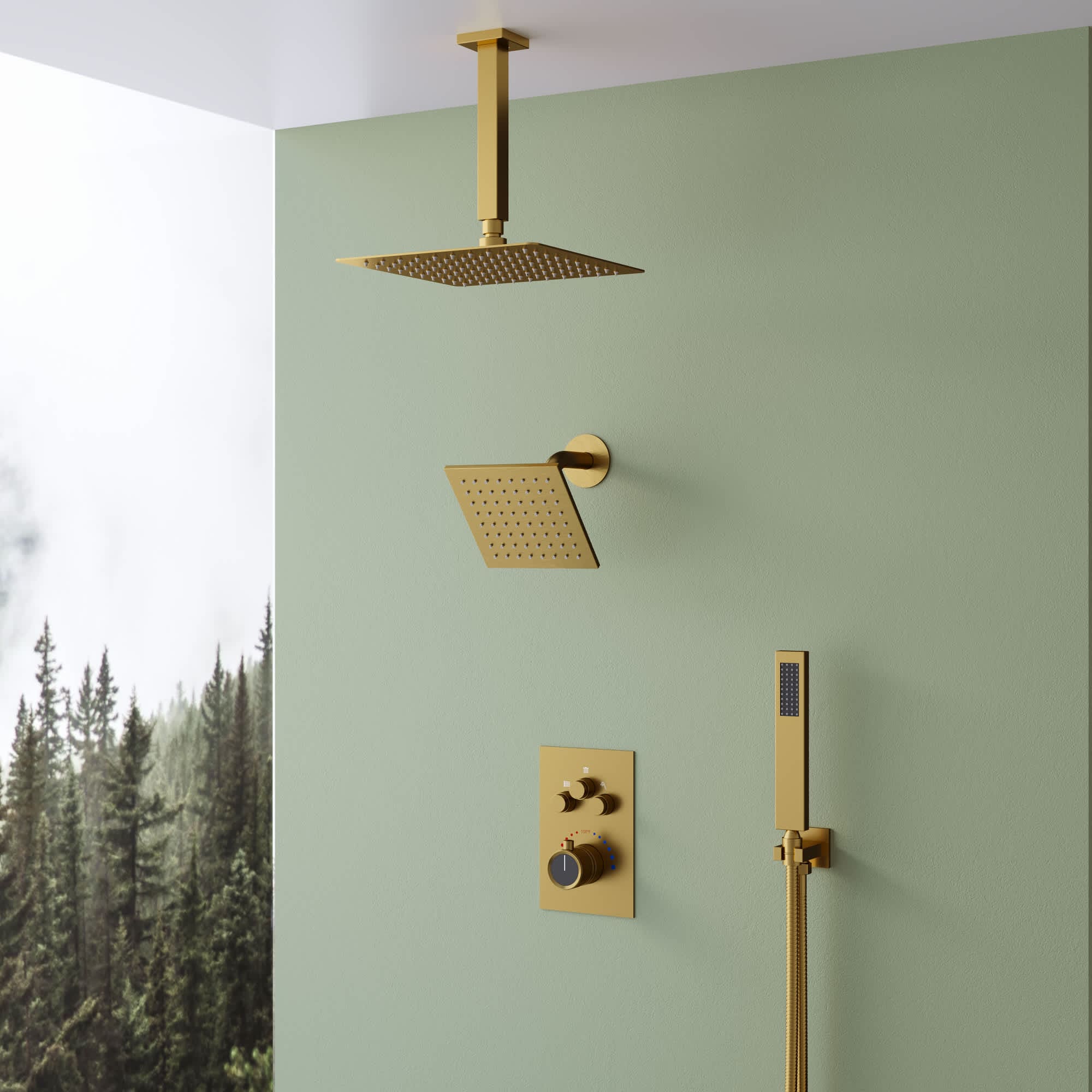 EVERSTEIN SFS1007-GD12 7-Spray Patterns Thermostatic 12 in. and 6 in. Ceiling Mount Fixed and Handheld Shower Head in Brushed Gold