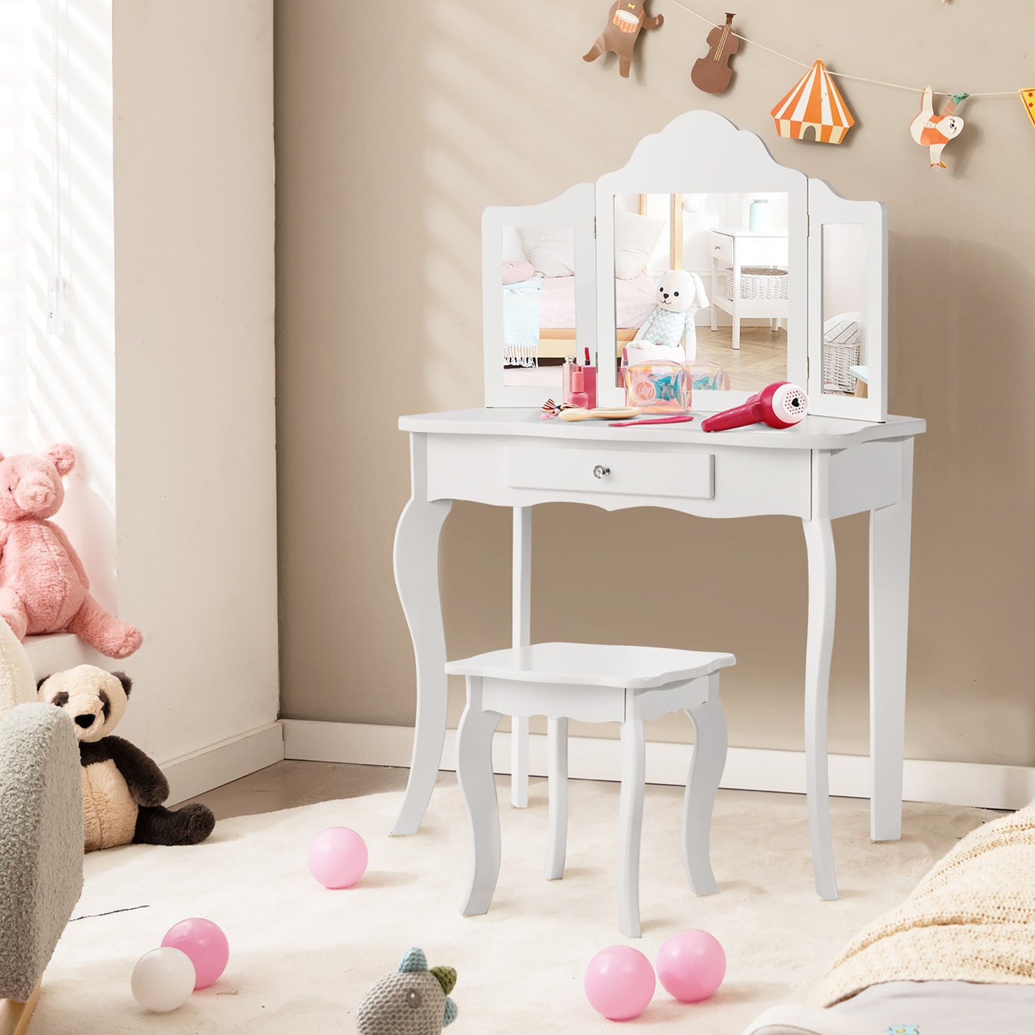 Costway CSHY000051 Vanity Table Set Makeup Dressing Table Kids Stool Mirror White