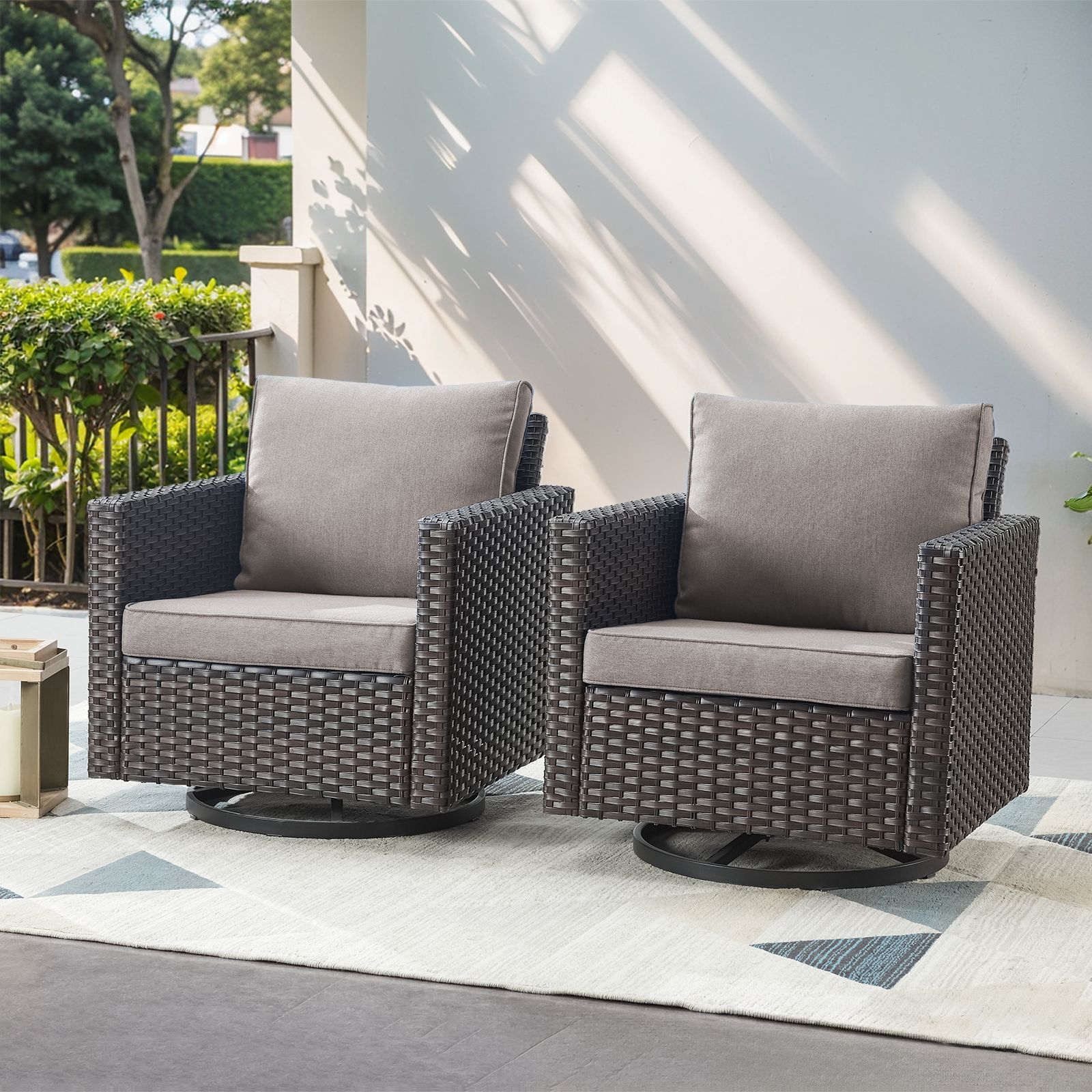  PA122-3 PACHAIRS-T Set of 2 Wicker Brown Steel Frame Swivel glider Conversation Chair with Gray Cushioned Seat