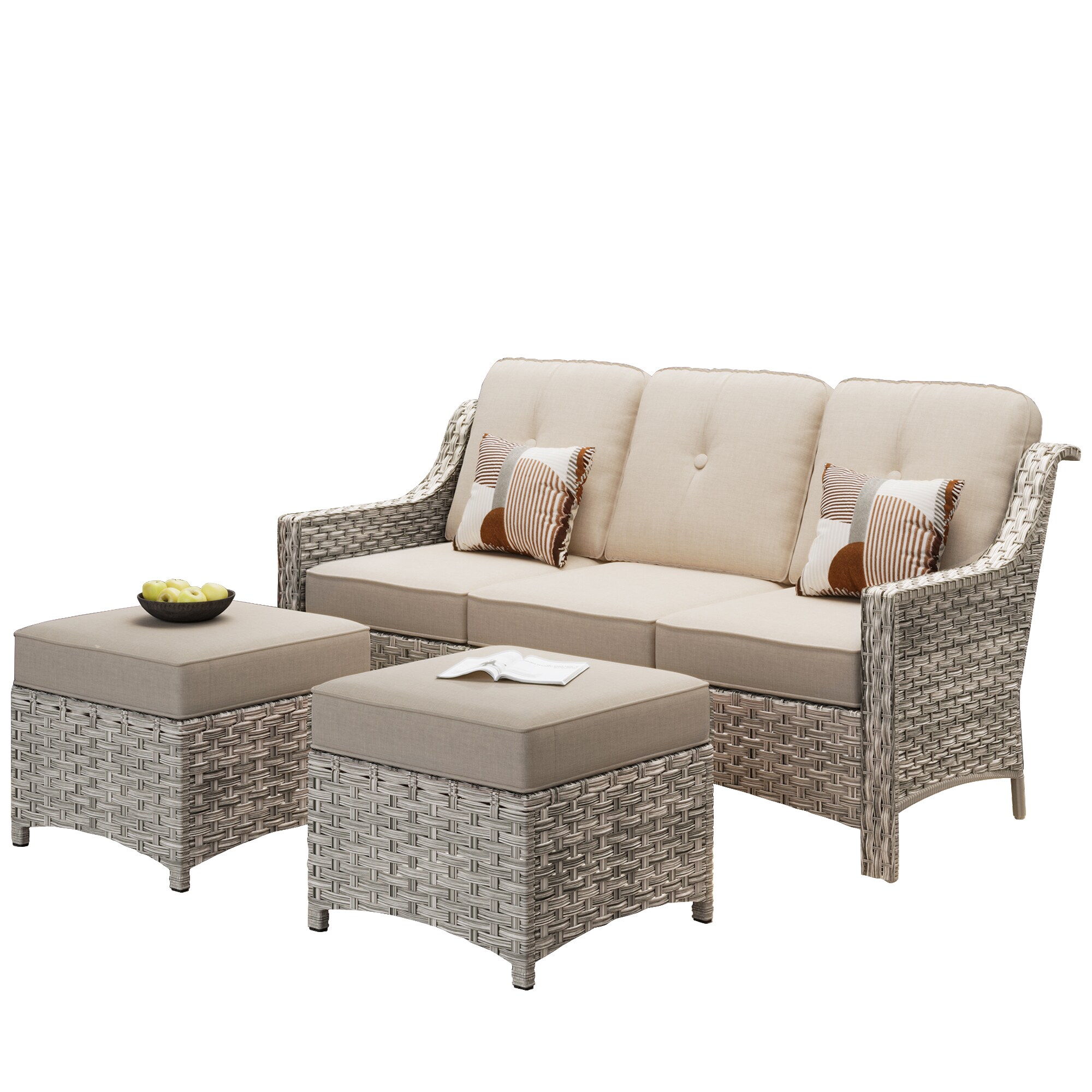 Ovios 3-Piece Wicker Patio Sofa Conversation Set with Off-white ...