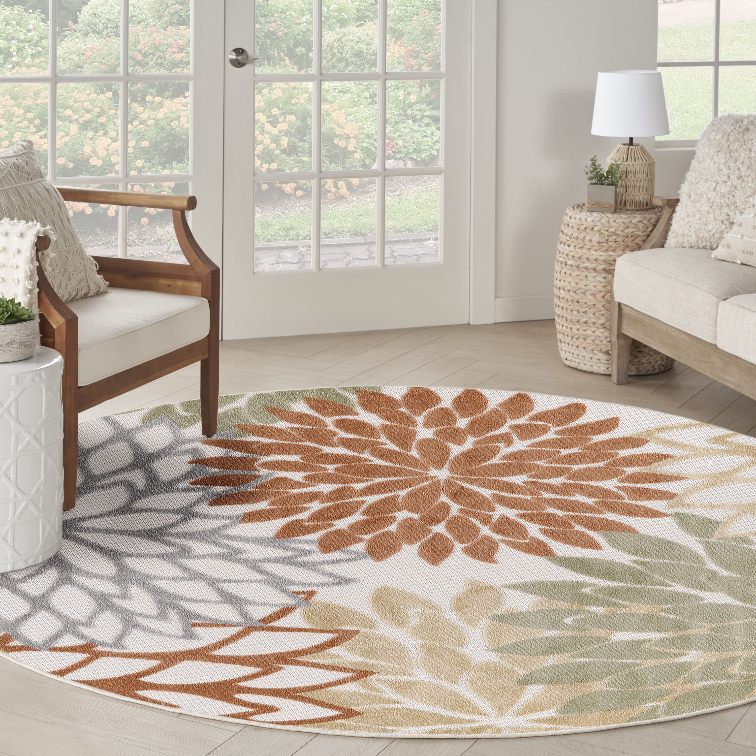 Nourison Home 099446921208 8 x 8 (ft) Loomed Polypropylene Ivory Multicolor Round Indoor/Outdoor Floral/Botanical Tropical Area rug