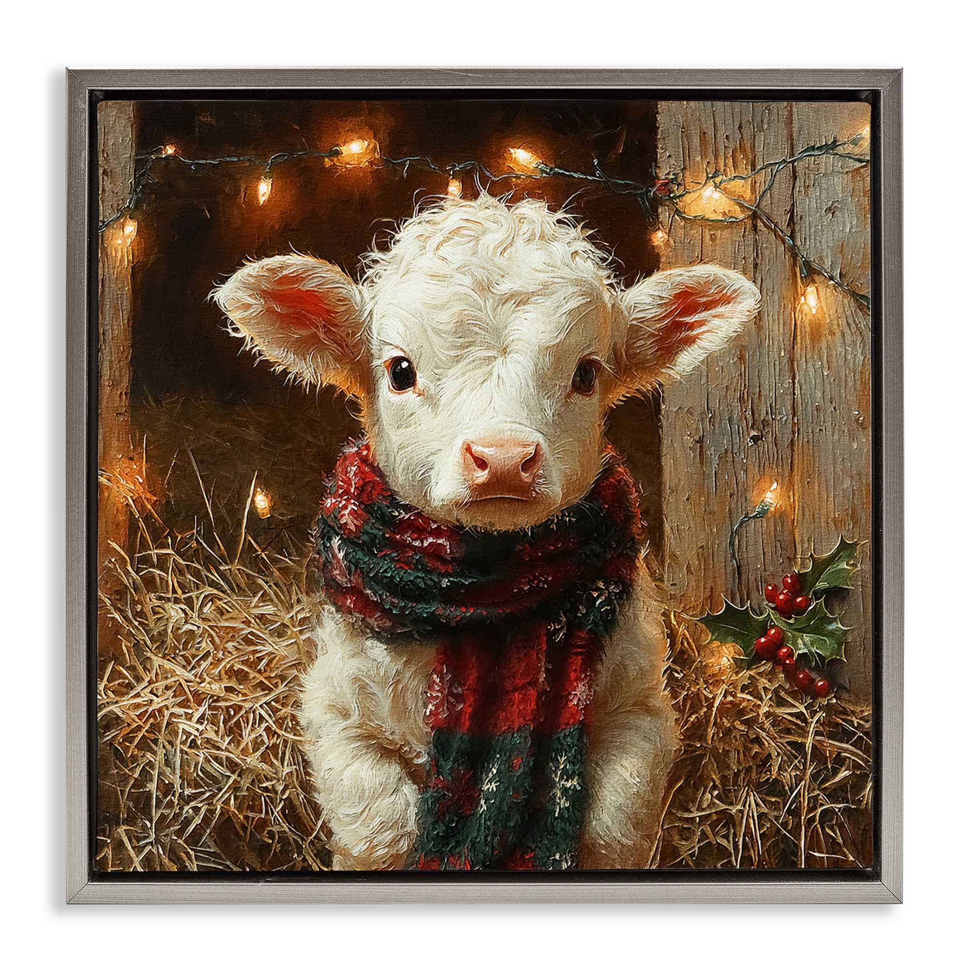 Stupell Industries BT-935-FFL-17X17 White Calf with Holiday Lights Gray Framed Floater Canvas Wall Art By Riley B 18 x 18