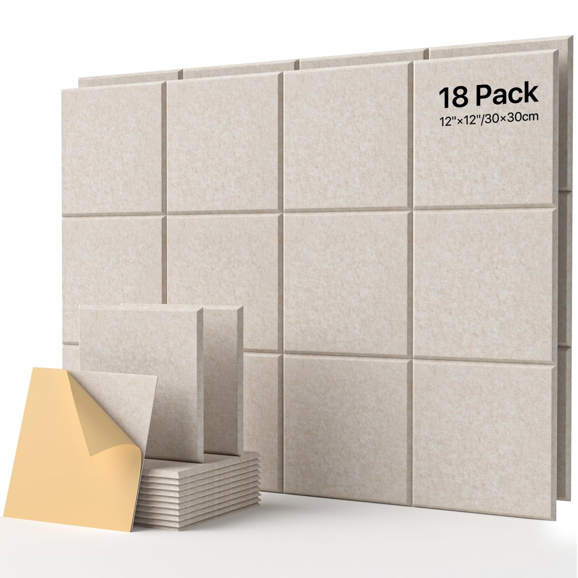 Angel Sar 18 Pack 12x12 Inch Beige Square Acoustic Panels Self Adhesive High Density 18 Sq Ft Sound Proof for Home Office Bedroom