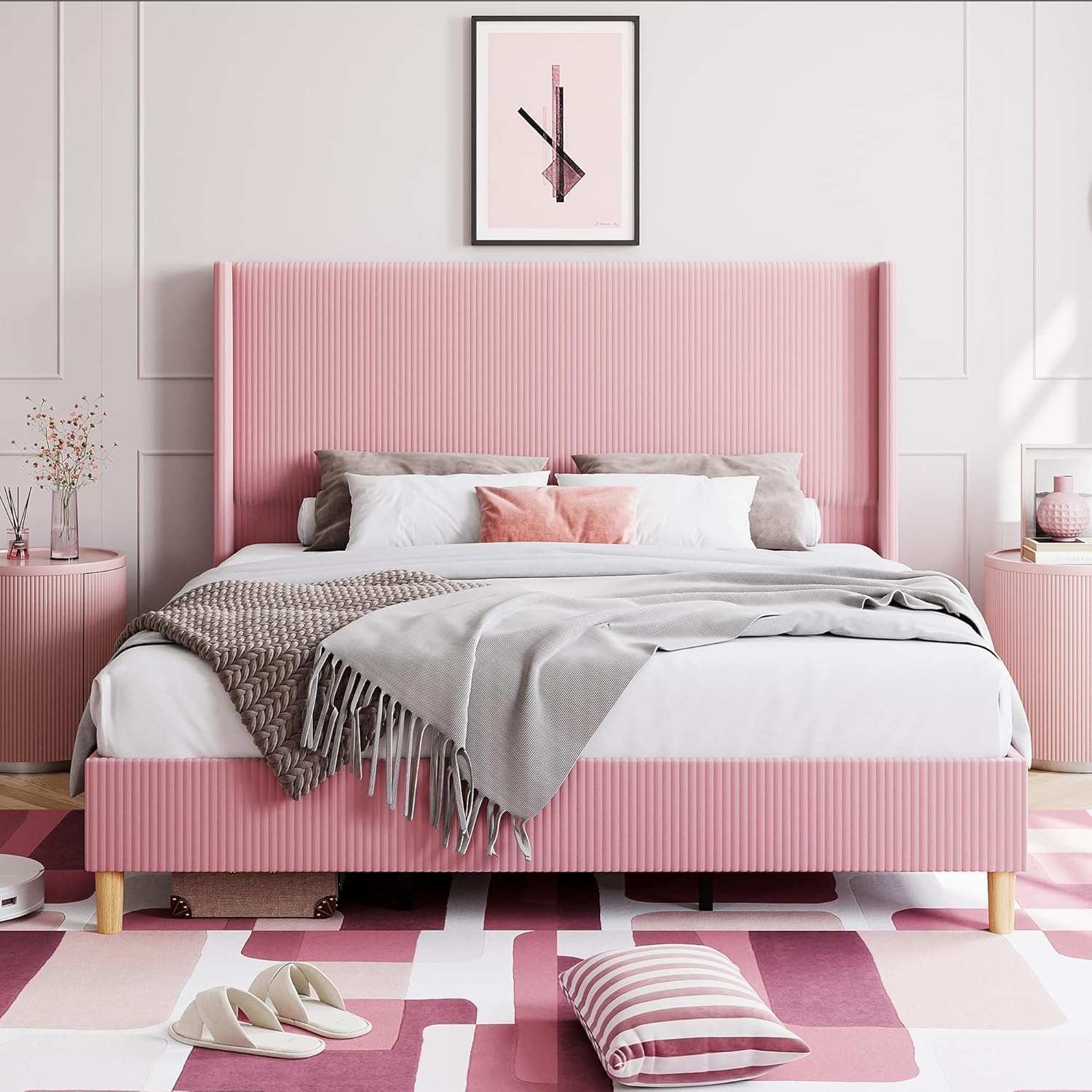 Qeetex PD-PHO-14SX0KN6 Full Upholstered Bed Frame With Wingback Headboard-Corduroy Platform-Wood Slats-No Box Spring Needed-Easy Assembly-Pink
