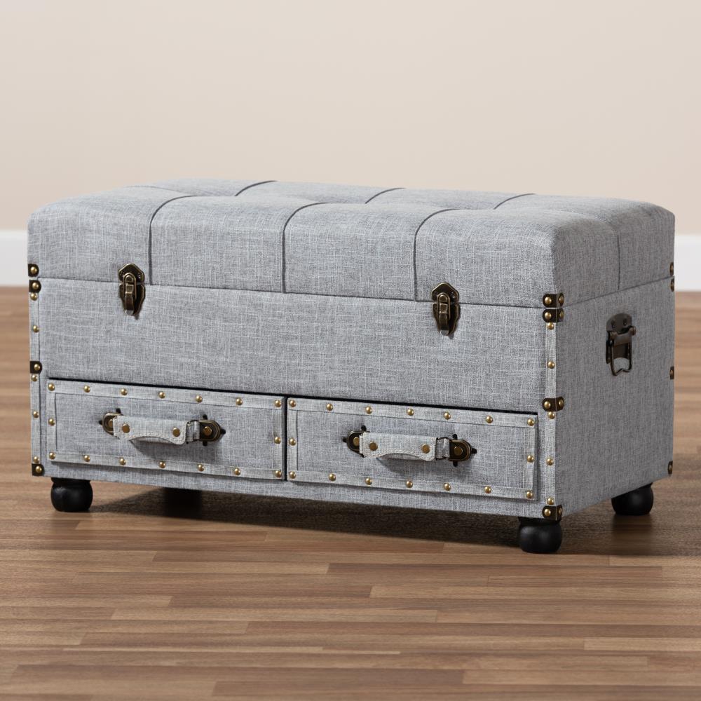 Grey Linen 32" Tufted Storage Ottoman with Antique Brass Accents