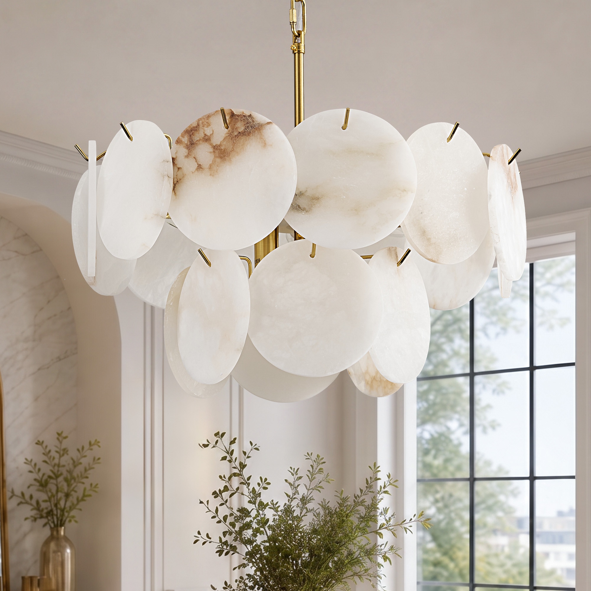 Jewelair 20 in. 2-Tier Gold Drum Alabaster Chandelier