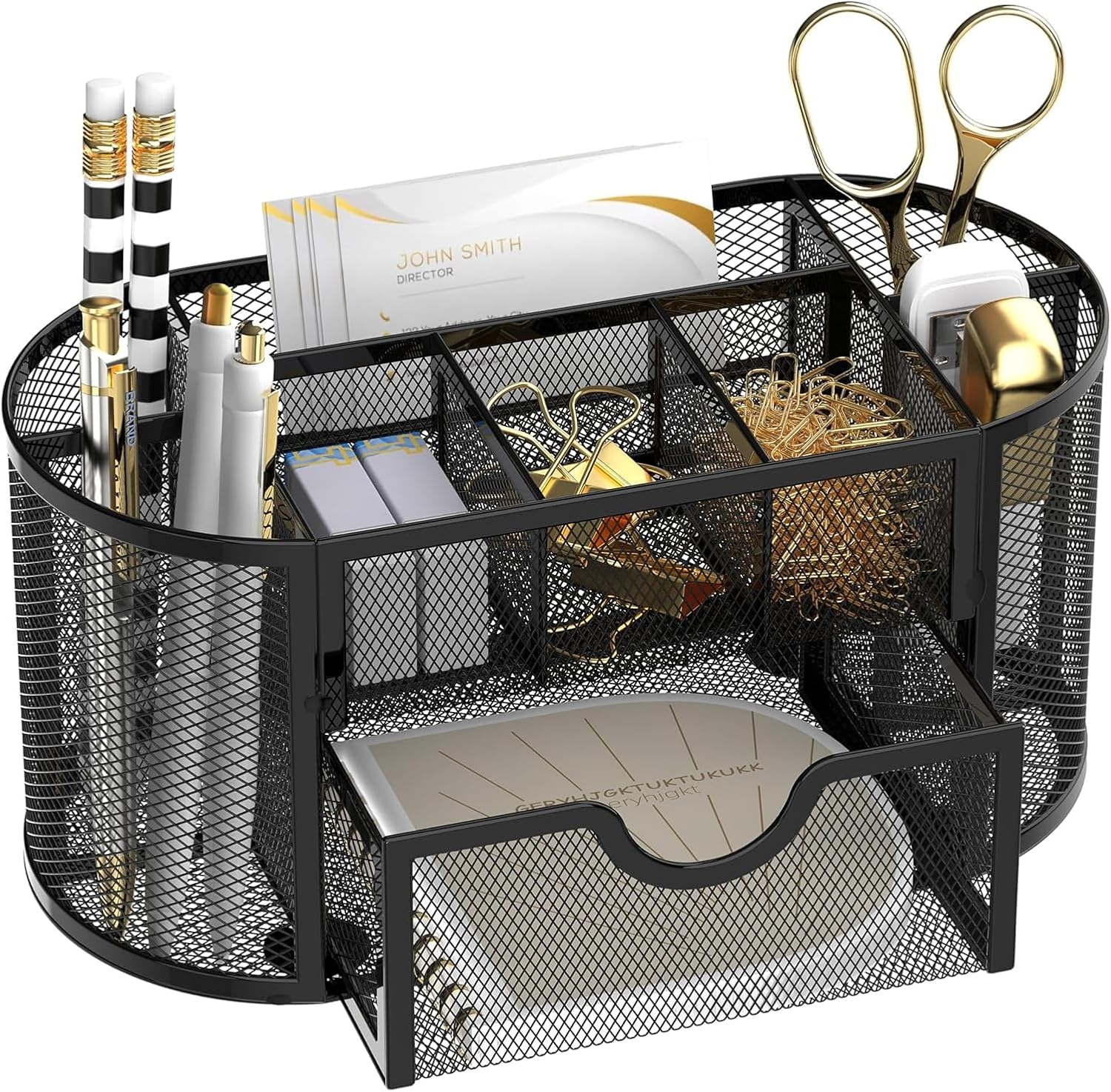 Etokfoks  Mesh Desk Organizer with 9 Compartments and Drawer Black Metal Desktop Office Supply Caddy Pencil Holder 8.6 x 4.3 x 4.1 Inch 1 Piece