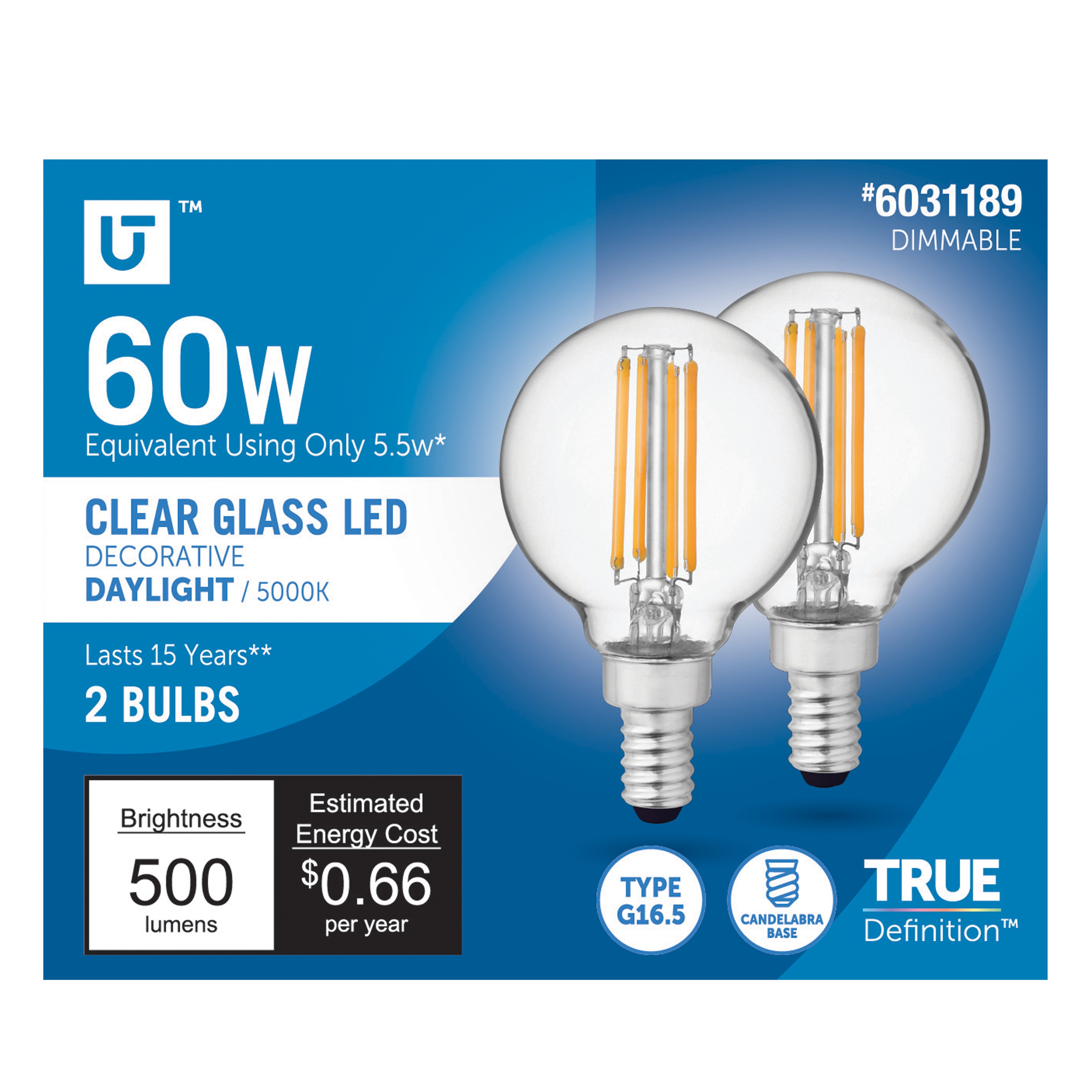 Utilitech 42537 60 -Watt EQ G16.5 Daylight Screw bases Dimmable LED General purpose Light Bulb 2 -Pack