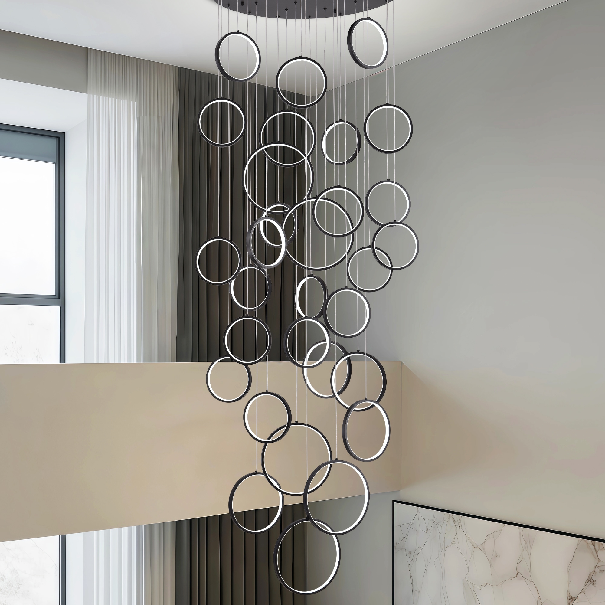 xersbav Modern LED 30 Ring Chandelier Dimmable Black High Ceiling Pendant Light for Foyer Entryway Living Room Staircase