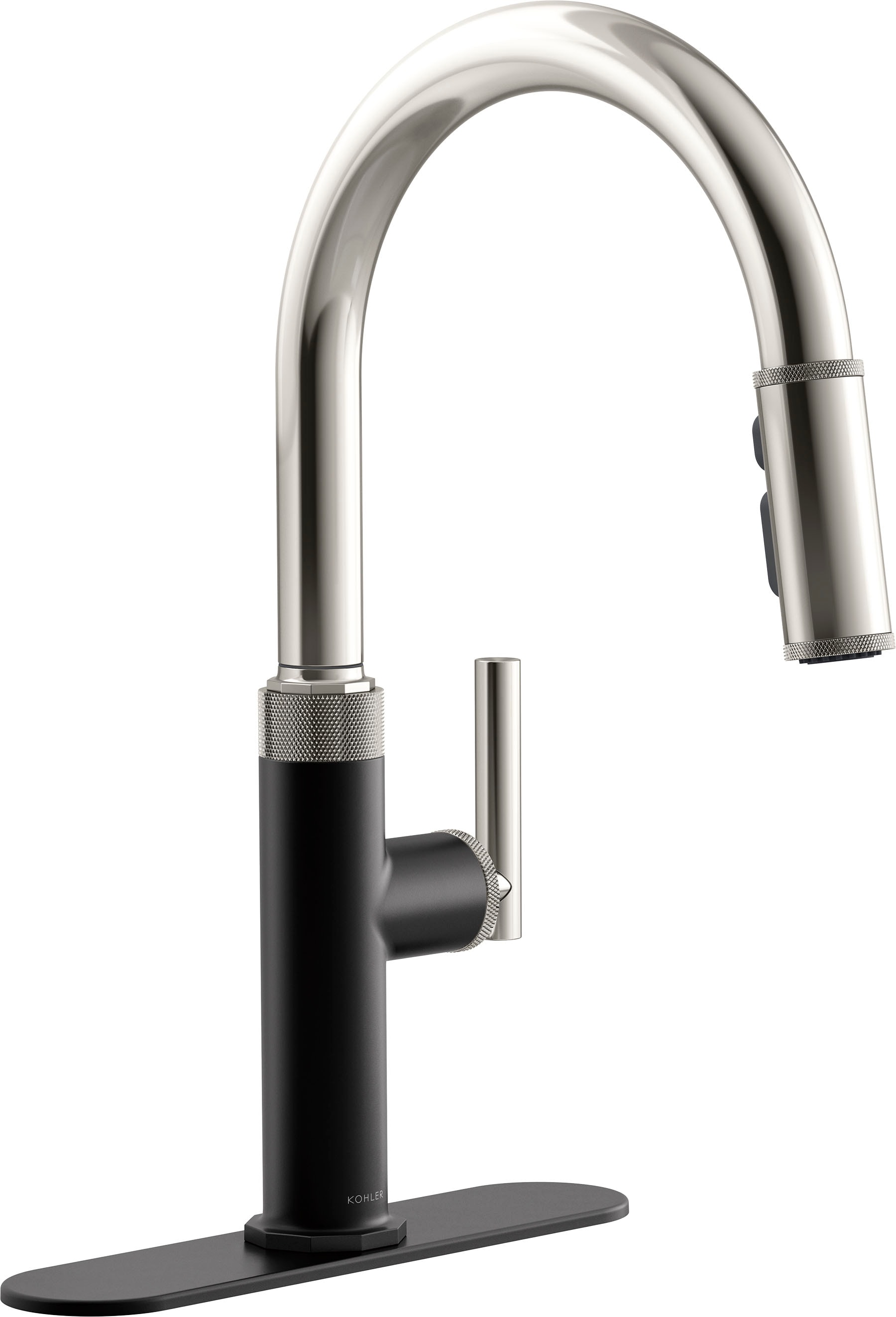 KOHLER R31627-BSN Lathe Polished Nickel/Matte Black Single Handle Deck-mount Pull-down Kitchen Faucet with Sprayer ( Deck Plate Included )