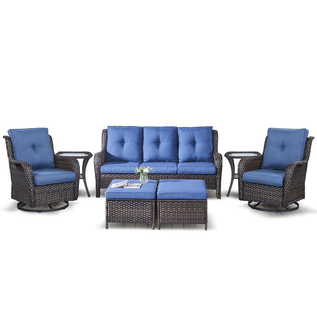 Rilyson FS013025X2023014-1 7 -Piece Wicker Patio Sofa Conversation Set with Blue Cushions