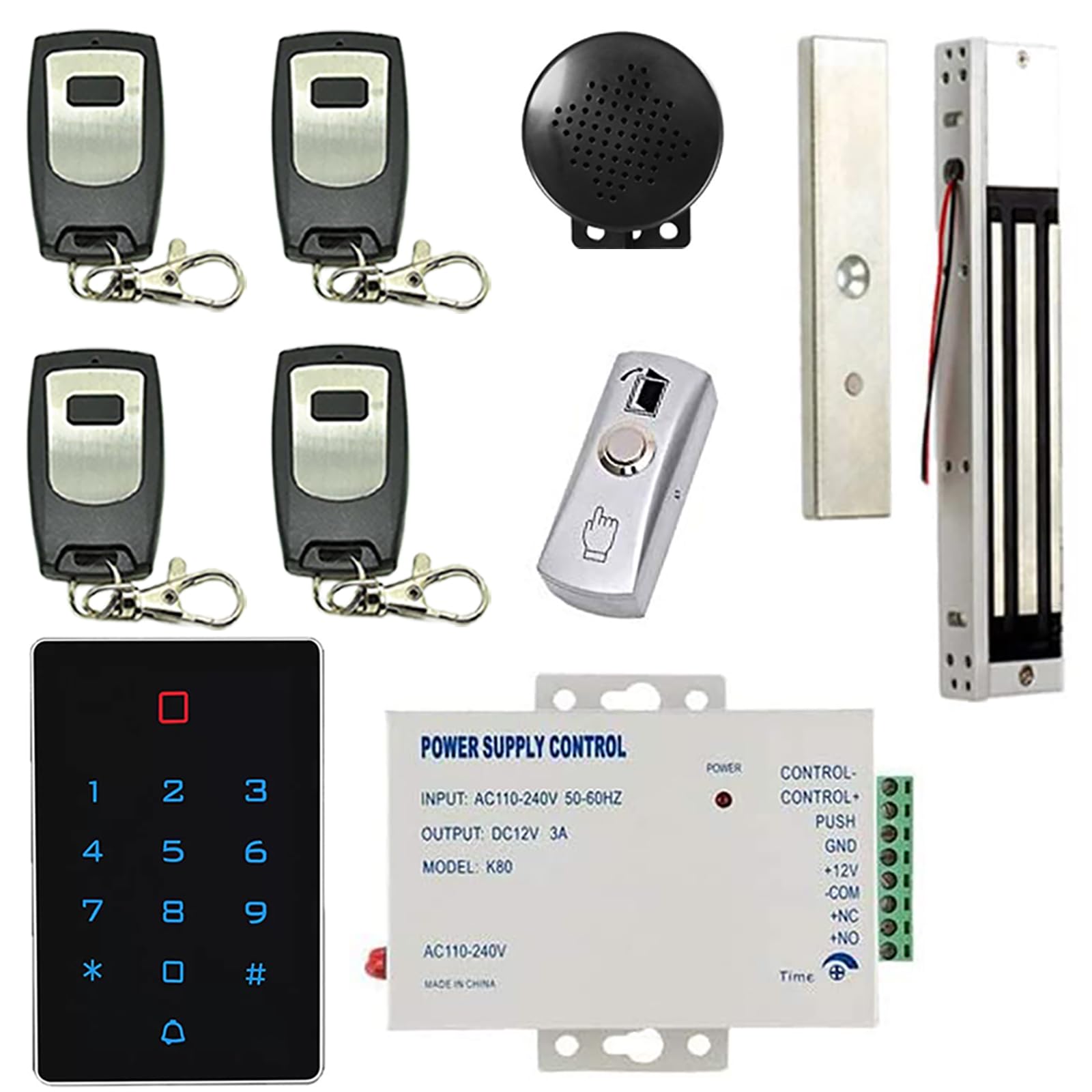 Justincity  Weatherproof Keypad Electronic Door Lock with 600lbs Magnetic Lock 4 Remote Controls 110-240V Power Supply Push to Exit Button Buzzer