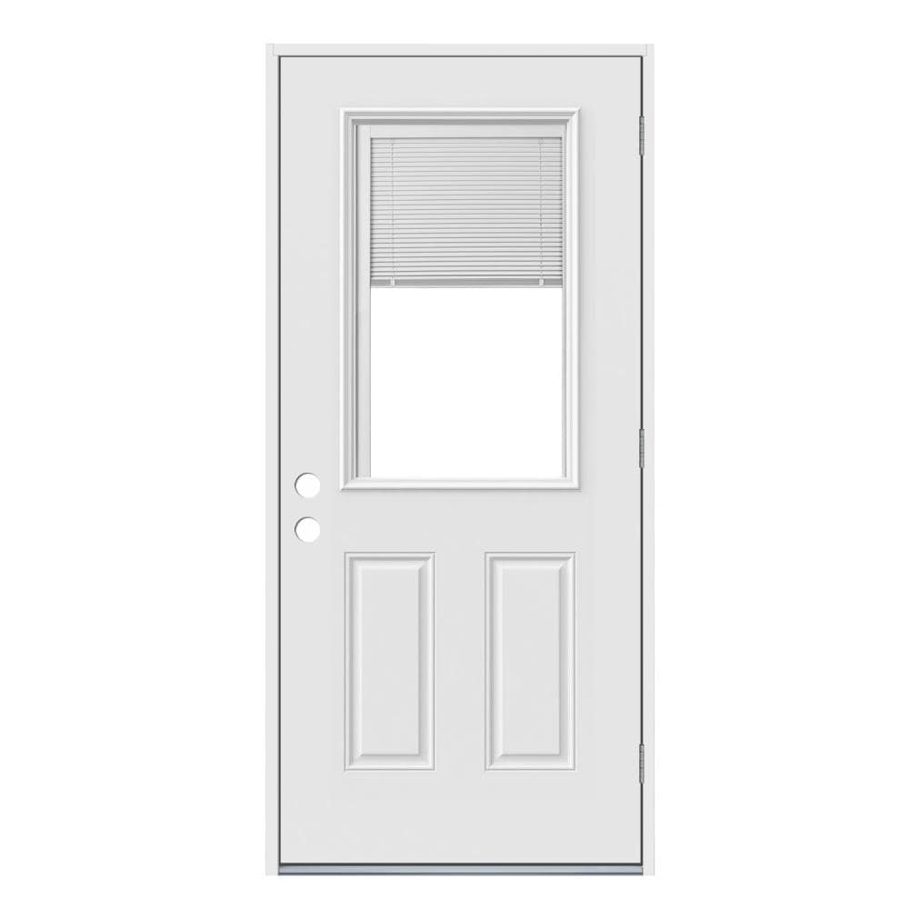 36-in x 80-in Steel Half Lite Left-Hand Outswing Primed Prehung Single Front Door Insulating Core with Blinds in Off-White | - JELD-WEN JW228300004