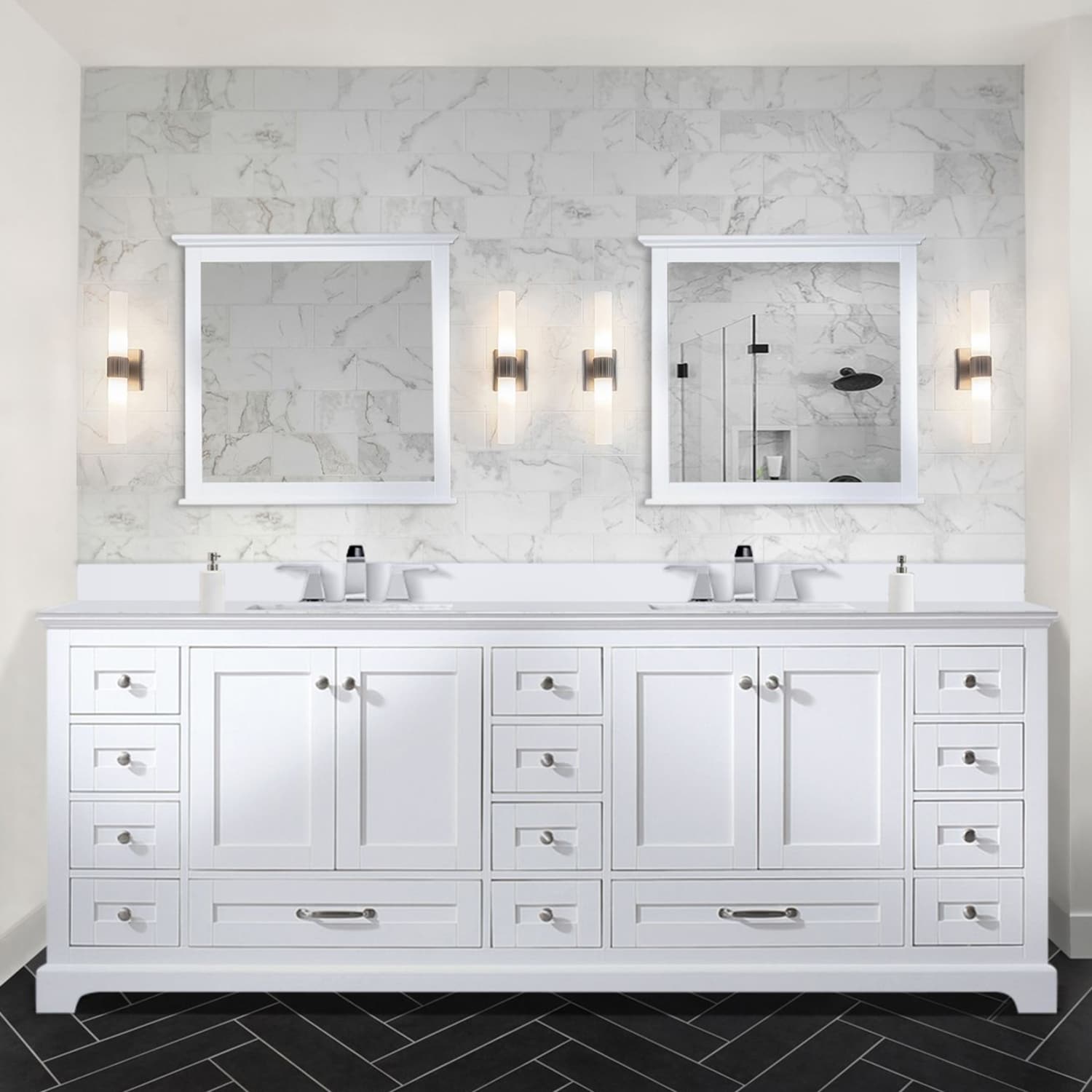 LOVMOR SF-H-B2731P258422 Marble Top Vanity with Solid Wood Frame Soft Close 14 Drawers and Pre - Drilled Faucet