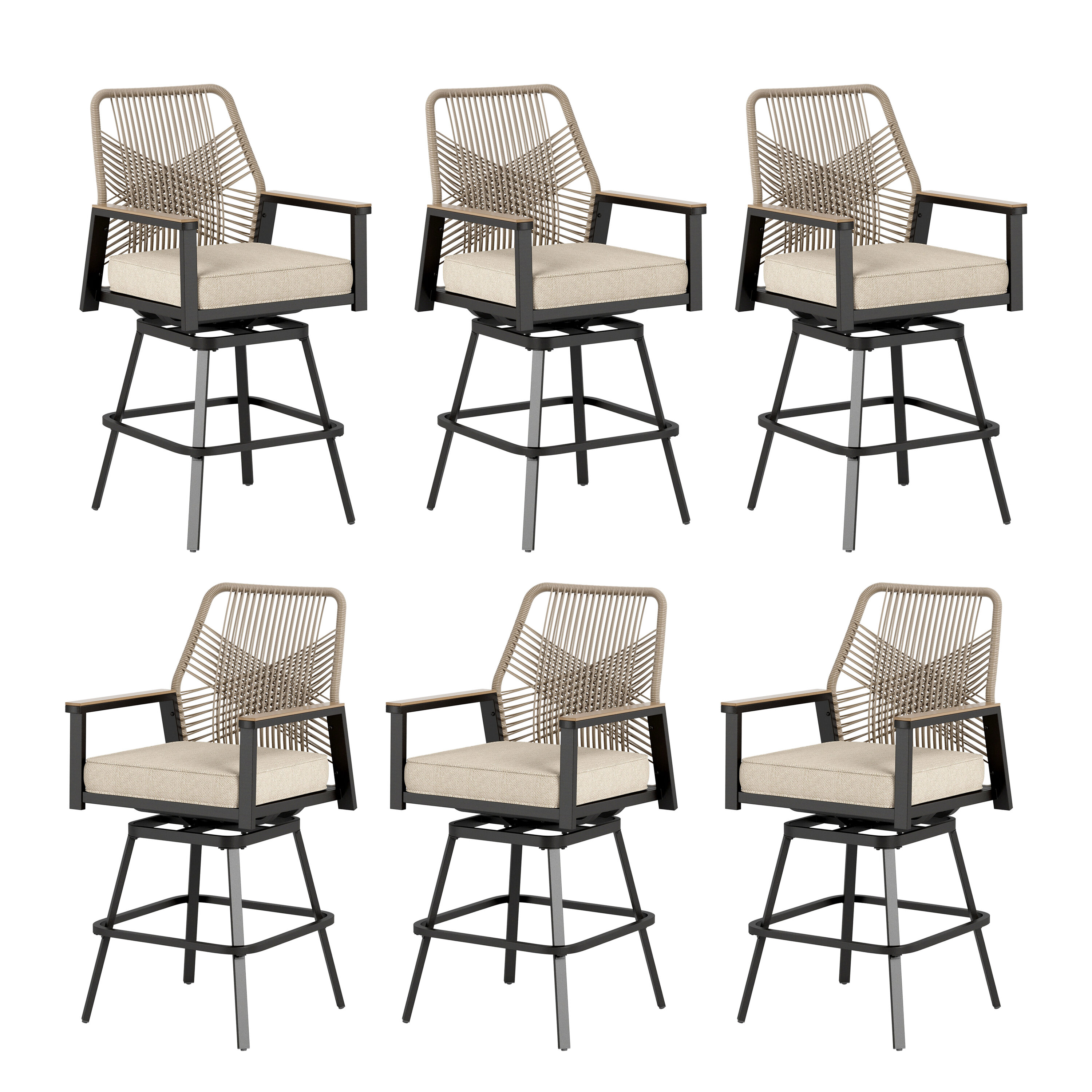 Sunshine Valley - Set of 6 Wicker Black Steel Frame Swivel Dining Chair with Beige Olefin Cushion...