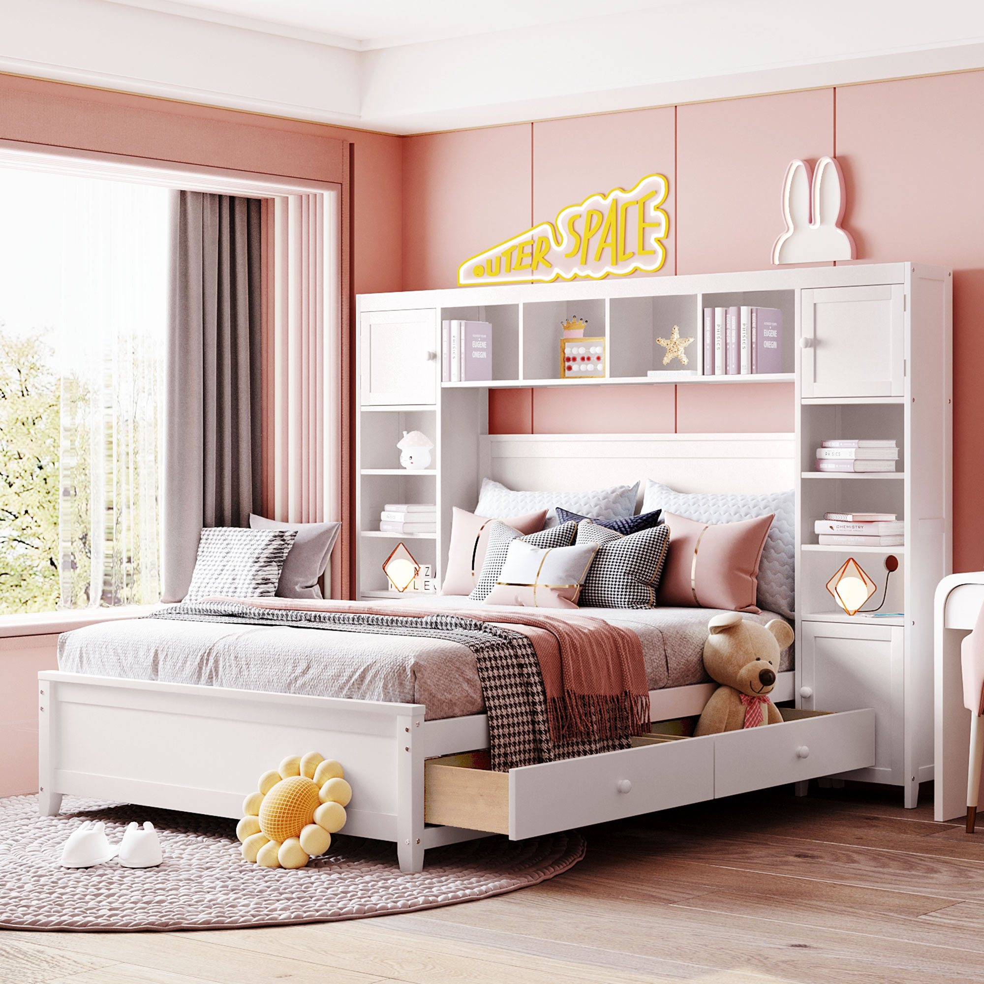 GDFStudio 343521 Hartly Modern Wooden Platform Bed with All-in-One Cabinet and Shelf