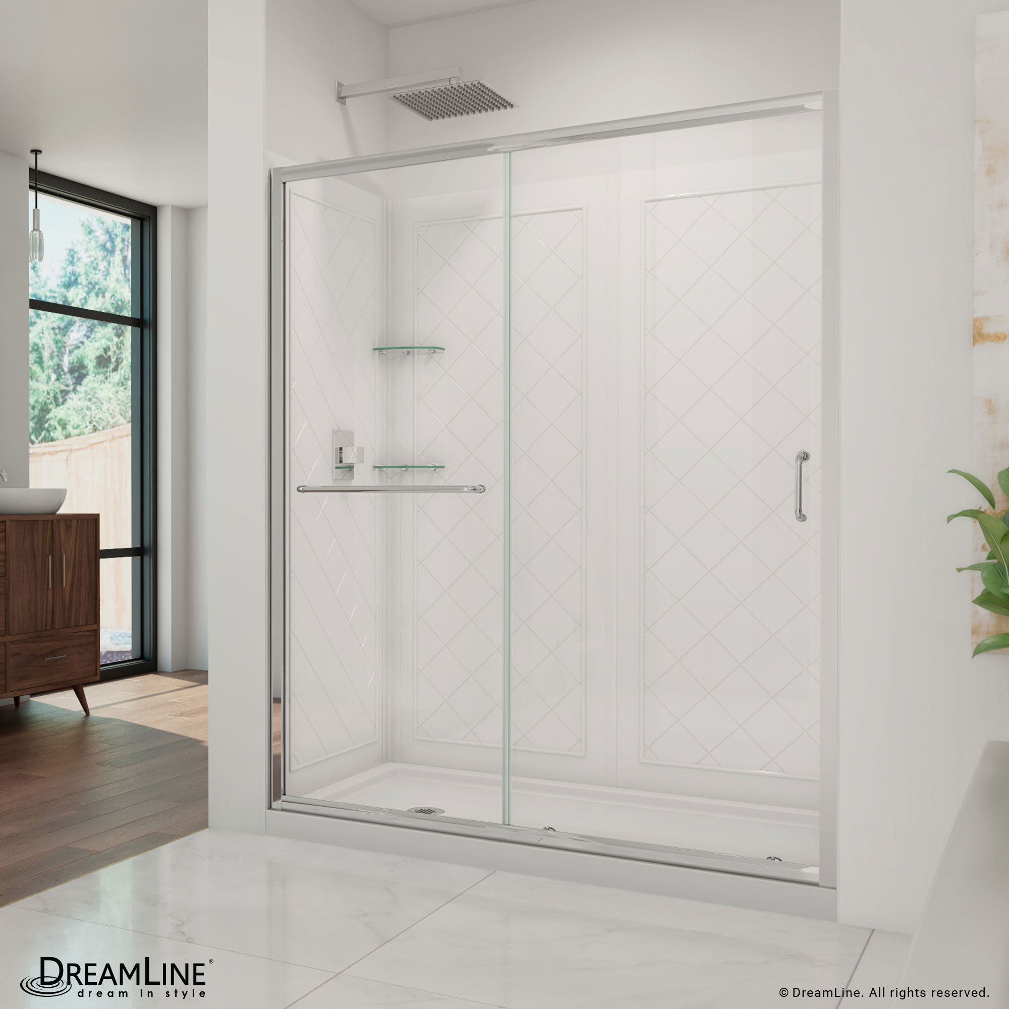 DreamLine DL-6117L-01CL Infinity-Z 3 -Piece 60-in W x 32-in L x 77-in H Rectangular Alcove shower kit ( Left Drain) Base, Wall, Door Chrome Hardware Included