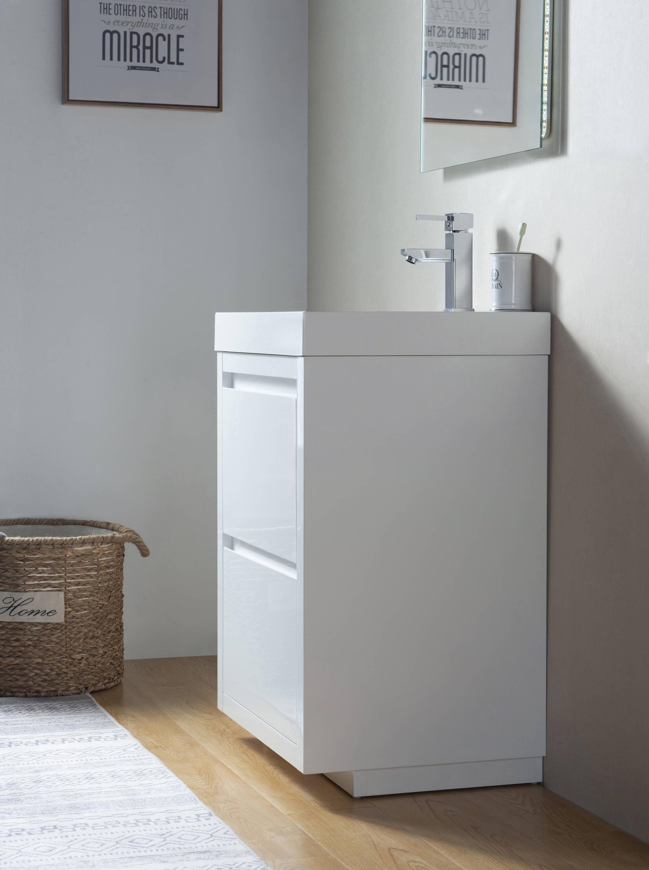 24-Inch Glossy White Single Sink Bathroom Vanity with Resin Top