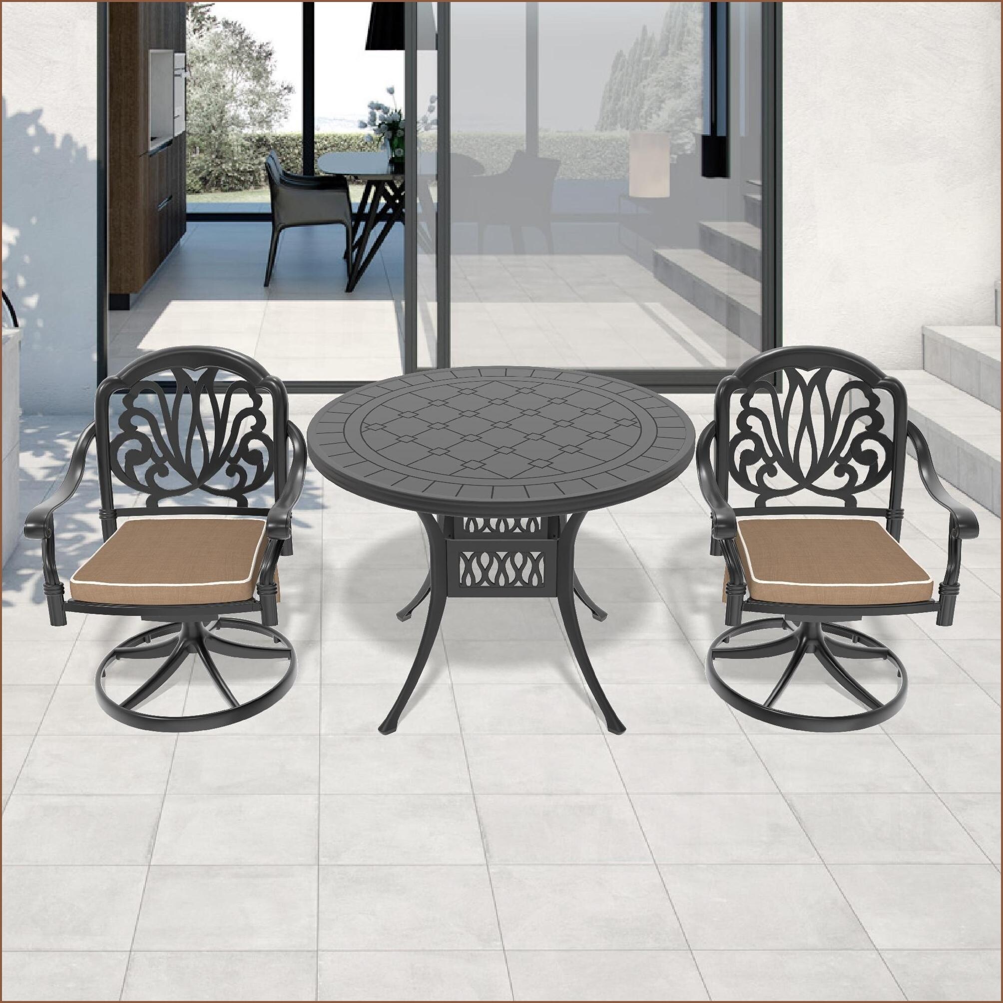 Watnature Patio Sets 3 Piece Traditional All Weather Aluminum Dining Set with 2 Swivel Chairs39.4'' Round Table  n  ampCushions  Black  Aluminum