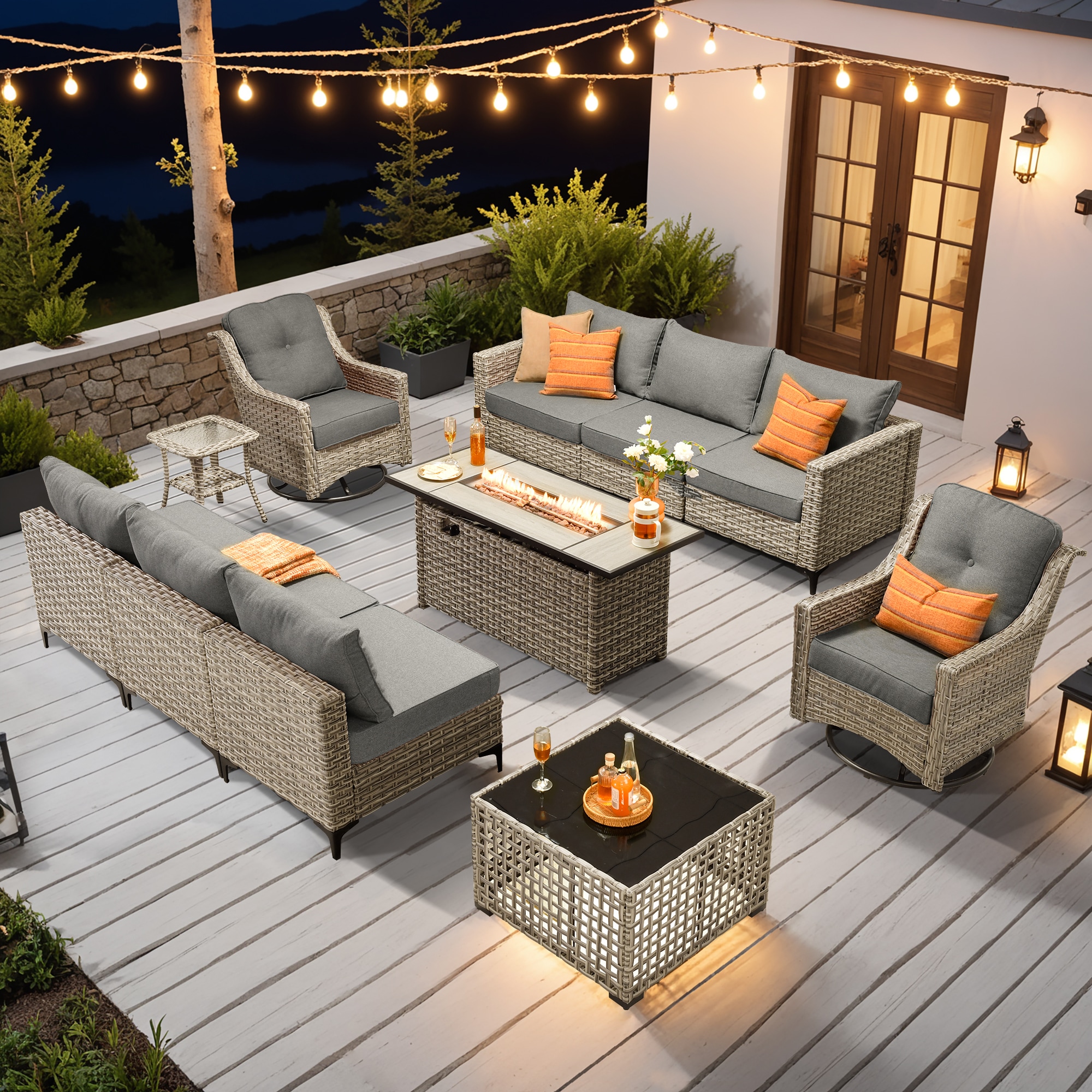 Ovios RFP504-SK20YP 11 -Piece Rattan Patio Conversation Set with Dark Gray Cushions