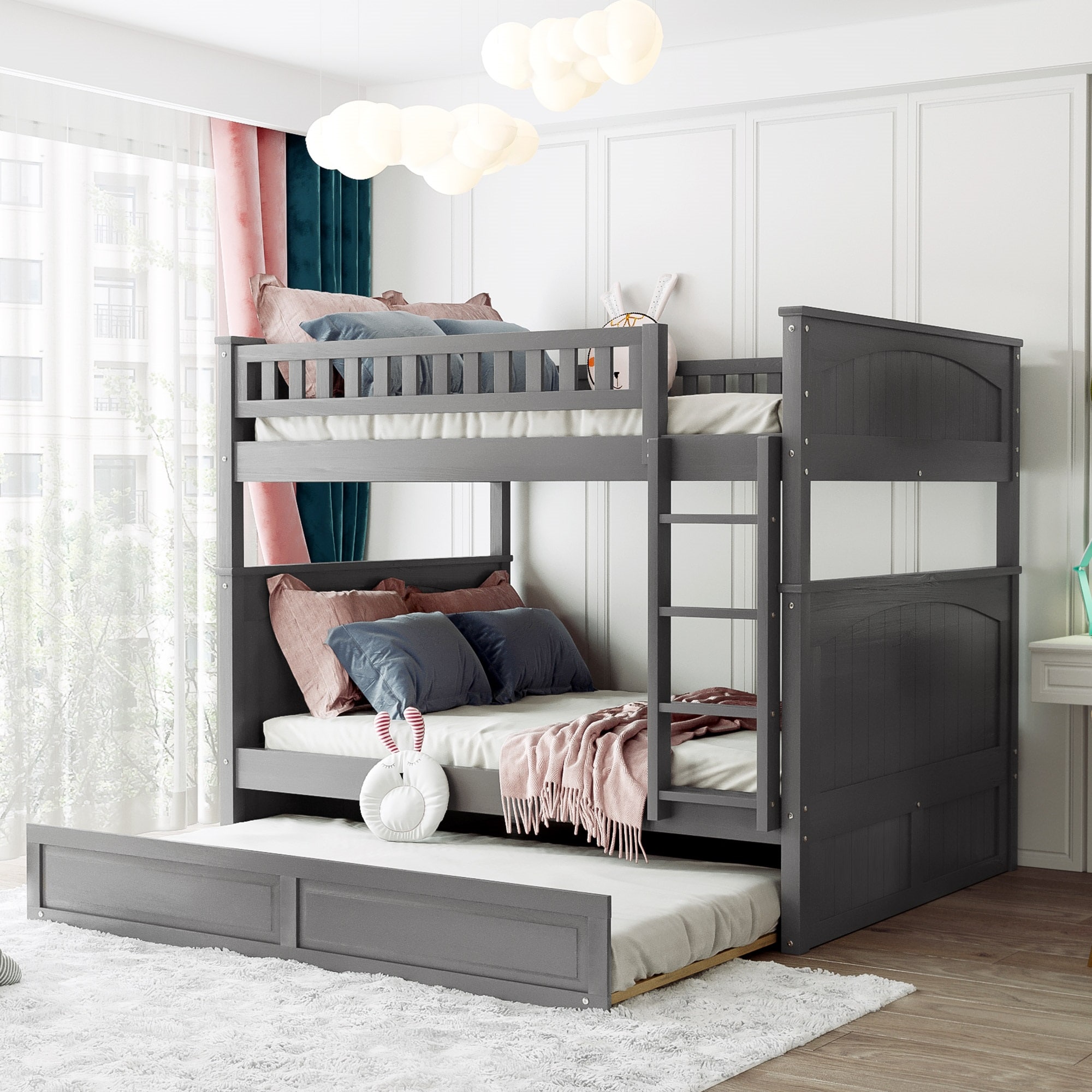 ModernLuxe LT000044AAN Full Over Full Bunk Bed with Twin Size Trundle Pine Wood Bunk Bed with Guardrails Brushed Gray