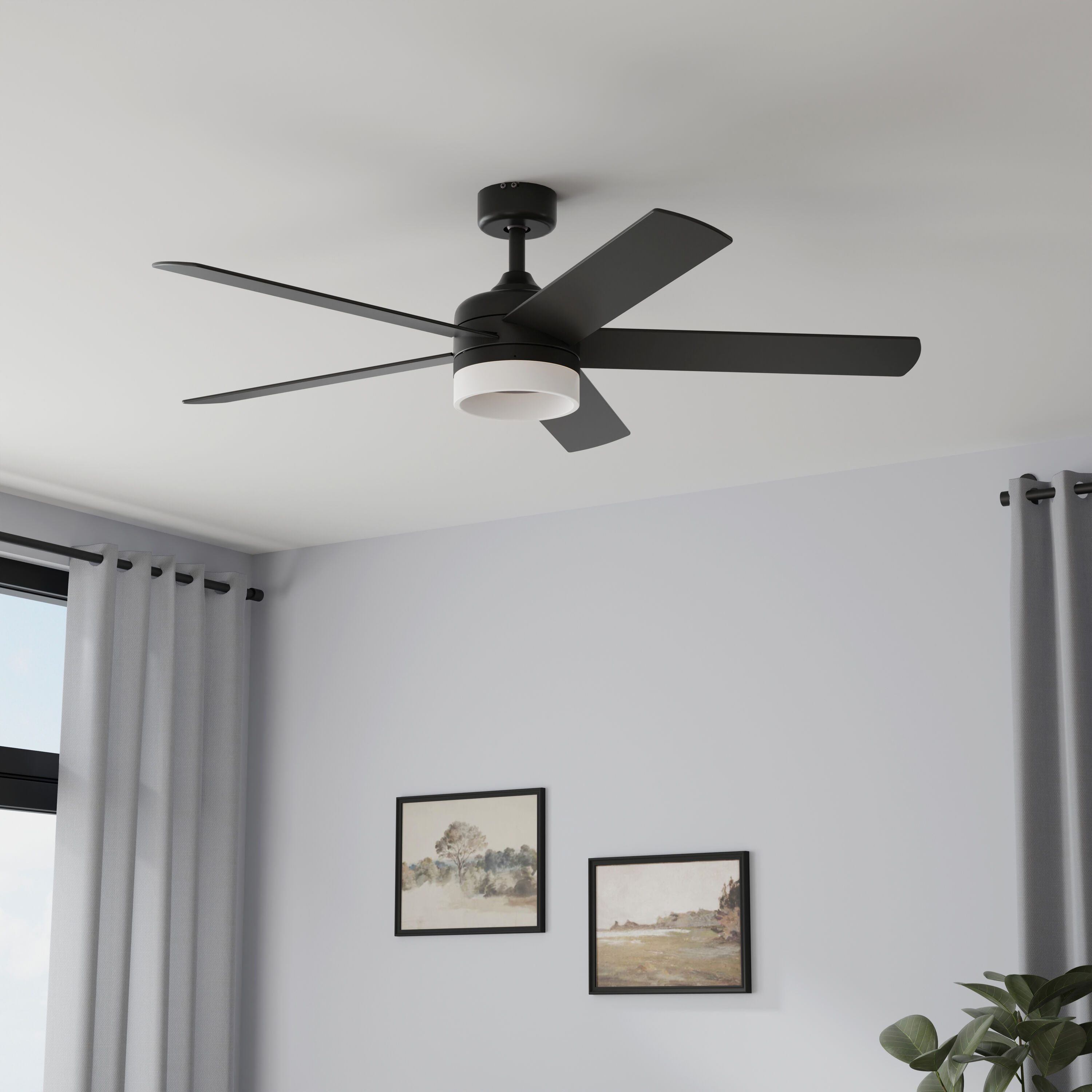 Harbor Breeze LYN52MBK5LR Lynnpark 52-in Color-Changing Integrated LED Matte Black with Matte Black/Teak Blades Ceiling Fan With Light - Remote Included ( 5 -Blade )