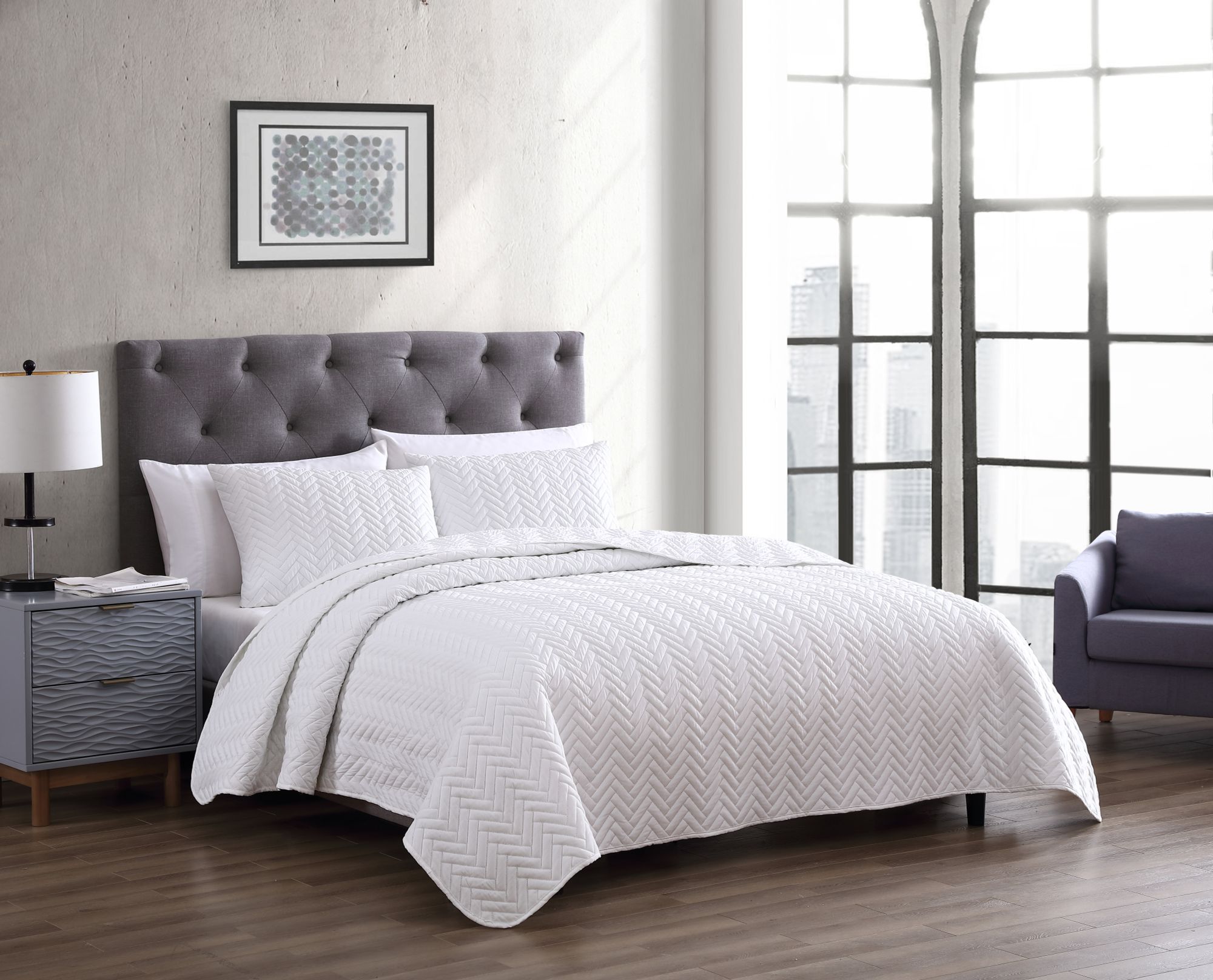 KATE AURORA Basic Bedding Herringbone Plush 3 Piece Quilt and Pillow Shams Set White Queen