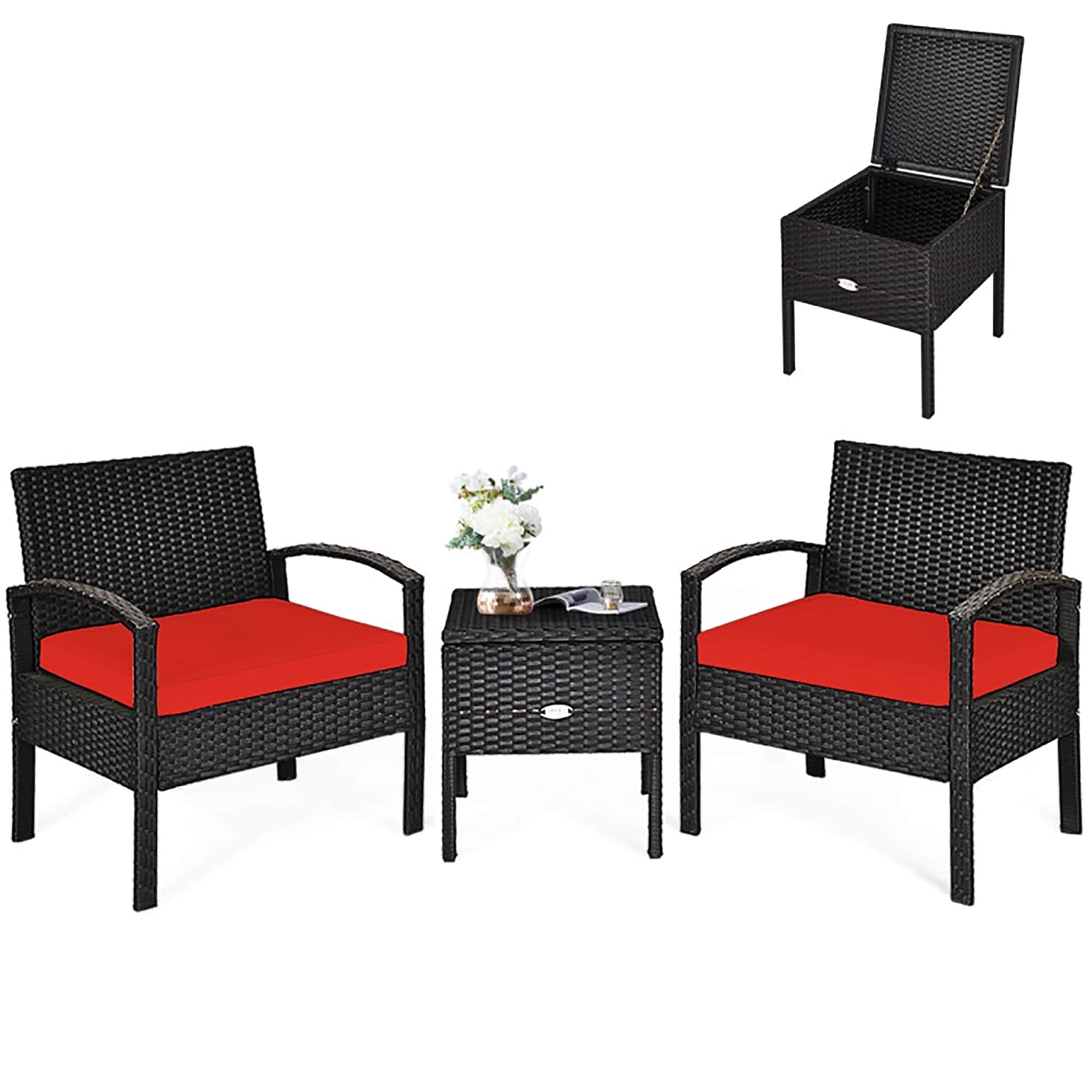 Red Cushioned Black Rattan 2-Person Patio Conversation Set
