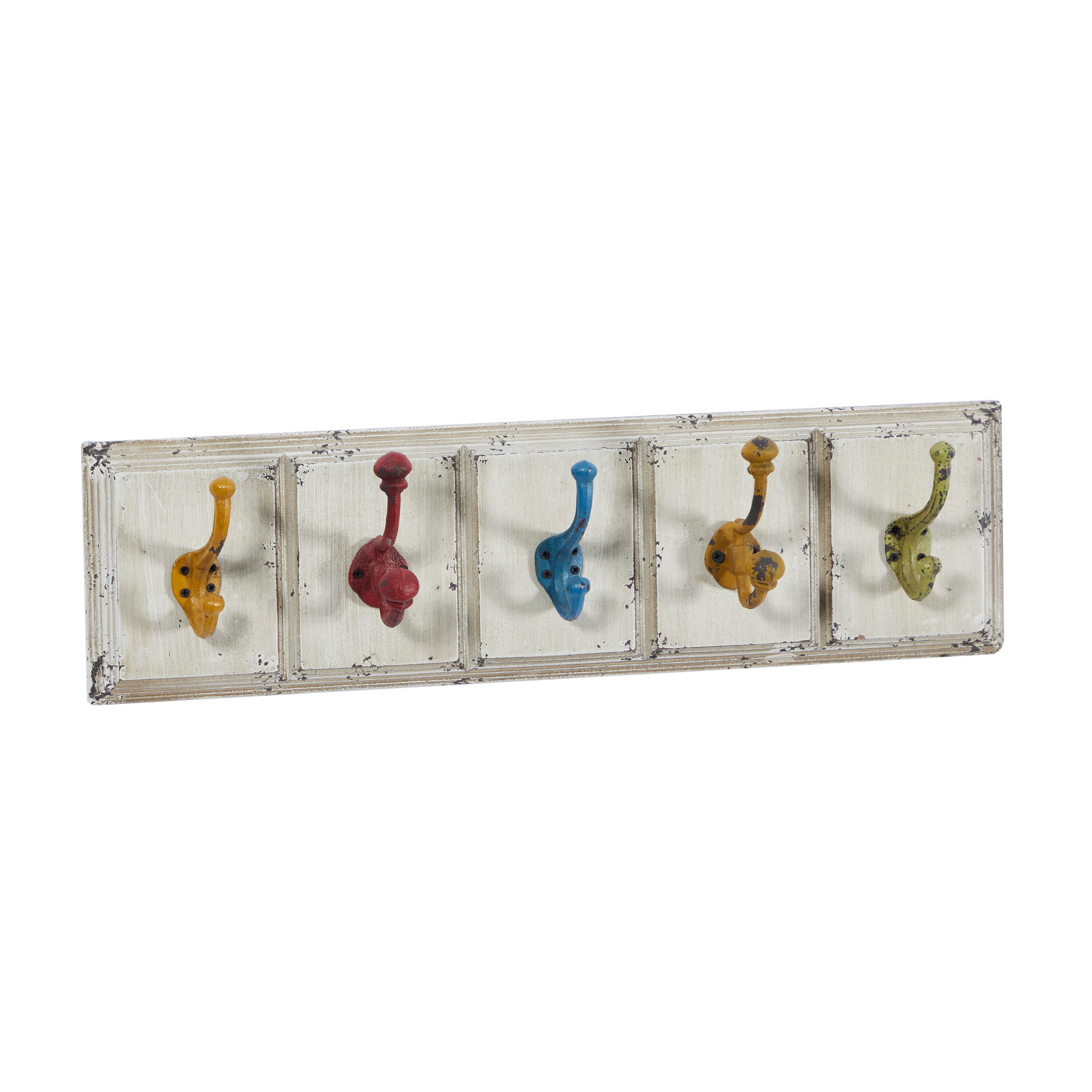24" White Wood Wall Hook with Multicolor Metal Hangers