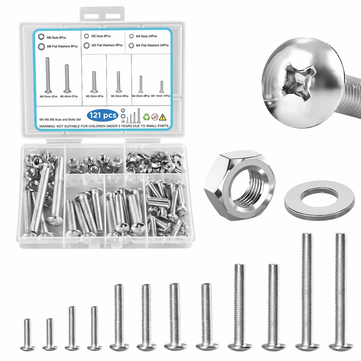 LAIFUCAM  121PCS Nuts and Bolts Assortment Kit M4 M5 M6 Phillips Head Machine Screws Assorted Set with Storage Case Small Metric Bolts Nuts and