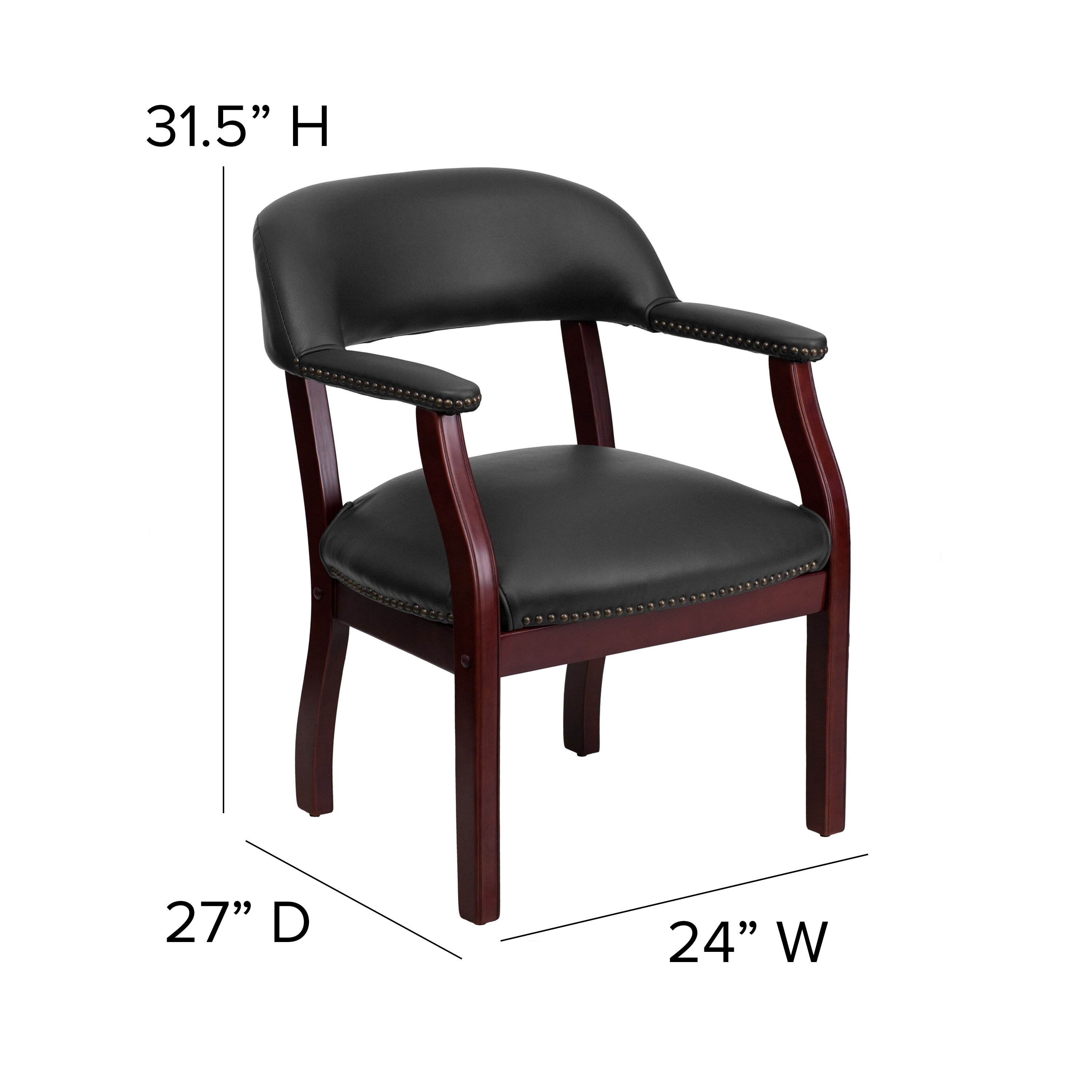 Elegant Black Vinyl and Wood Office Chair with Brass Nail Trim