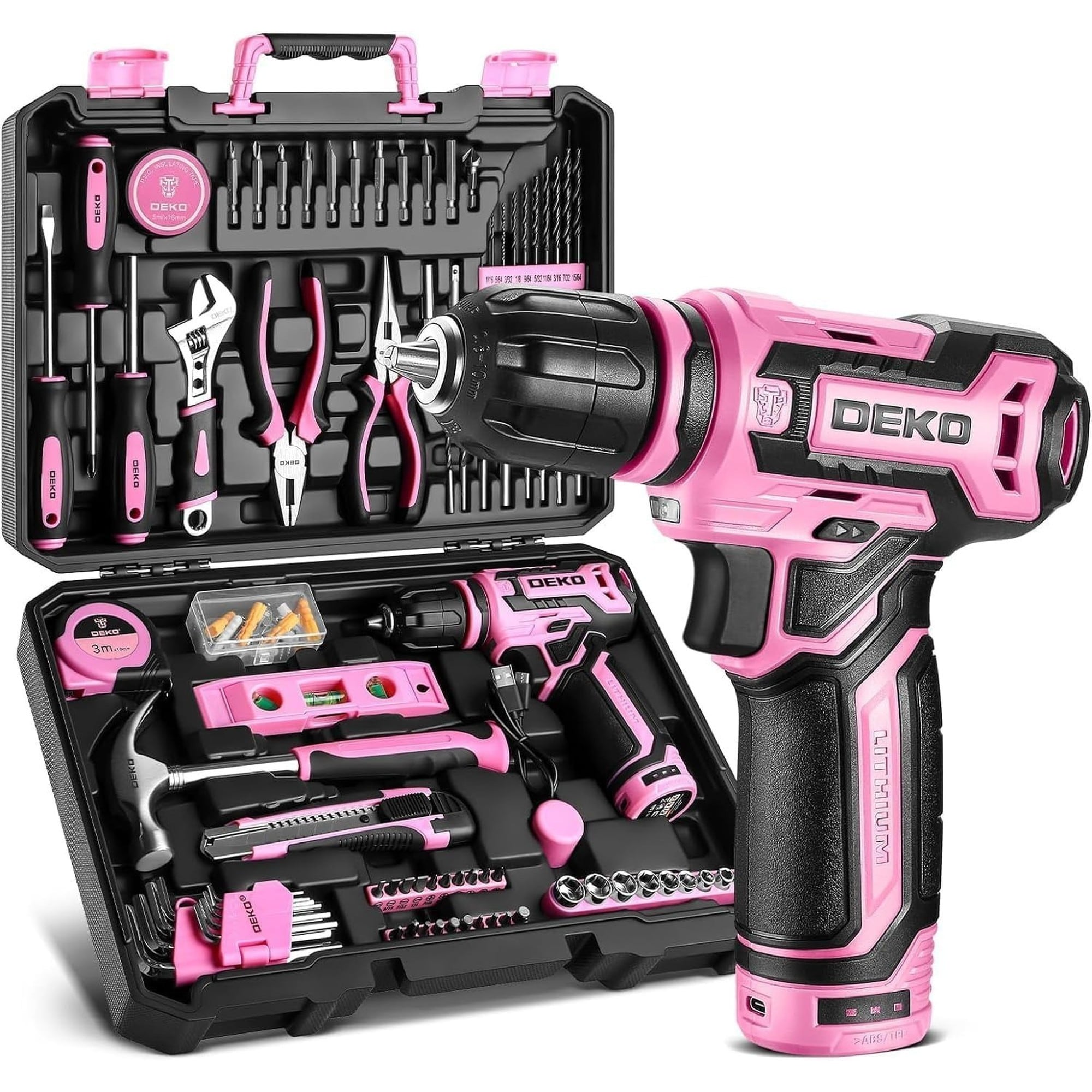 OGETFUUR 12V Cordless Drill Tool Set Power Pink Drill Driver Kit for Women Home Hand Repair Tools