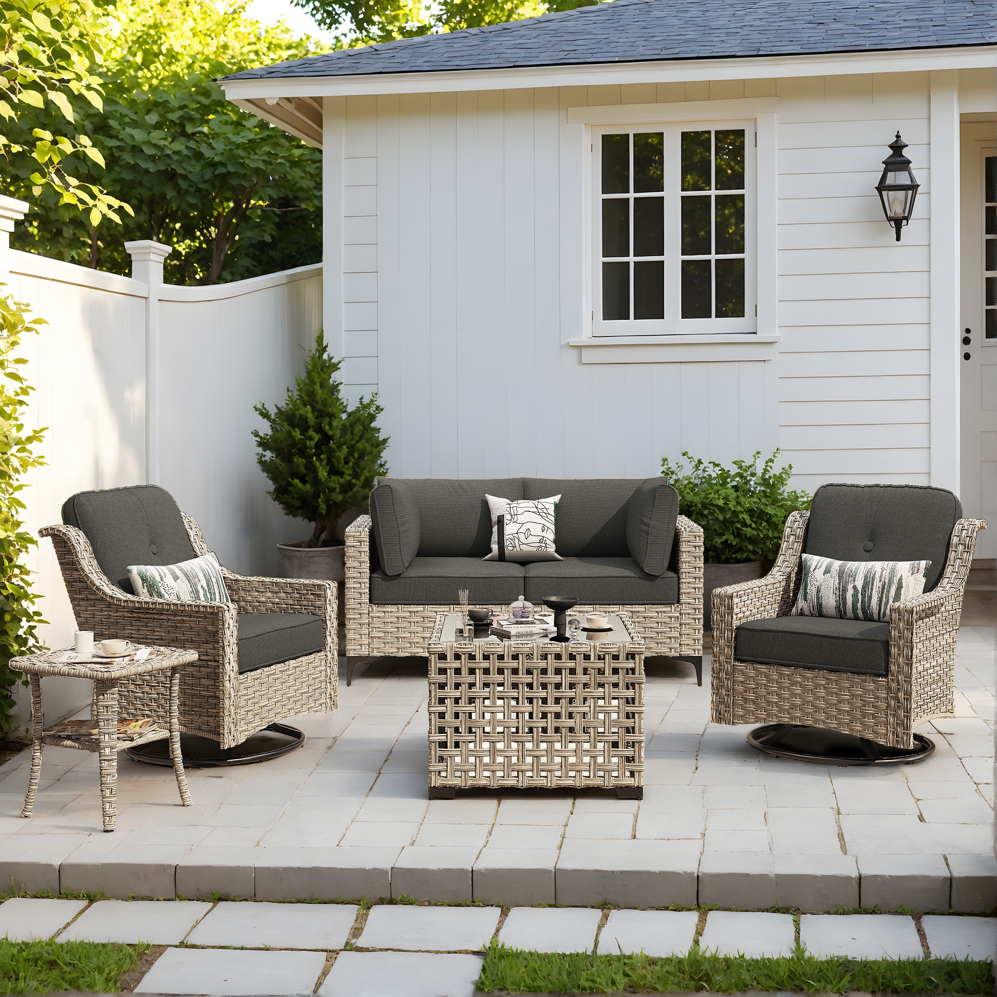 Pouuin SKT106 5-Piece Wicker Patio Conversation Set with Black Cushions