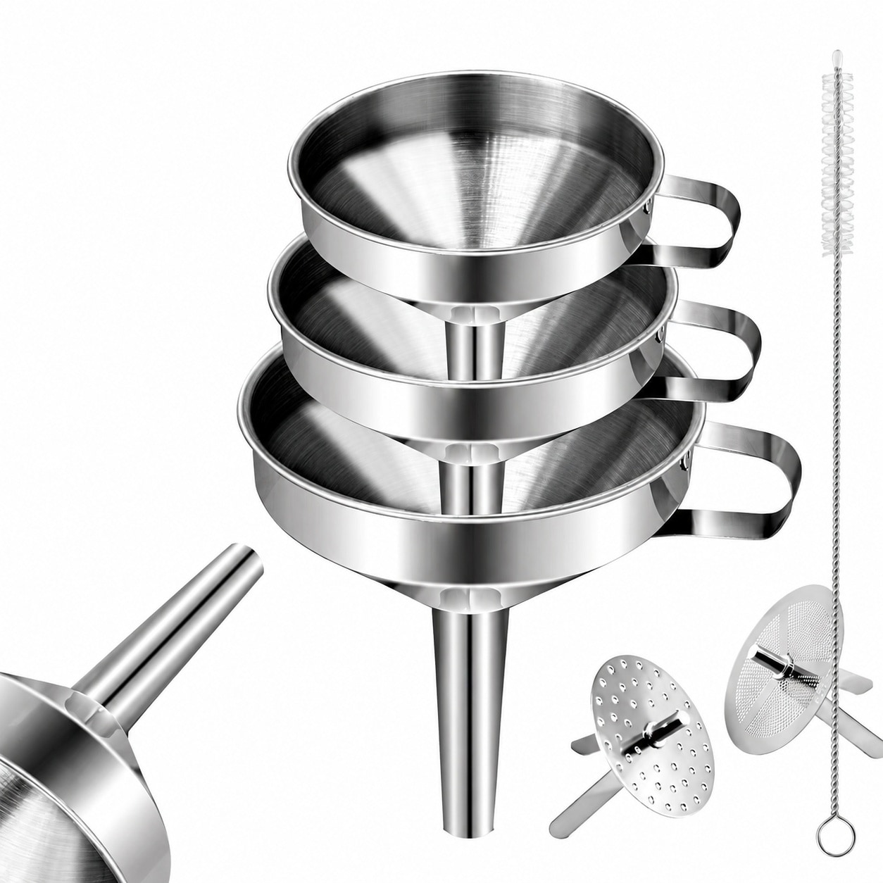 Aoibox  3 Piece Stainless Steel Kitchen Funnel Set with Removable Strainer Filters and Cleaning Brush for Liquids