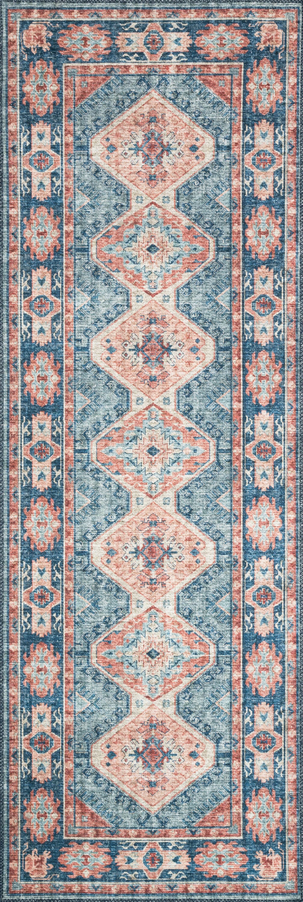 Vintage Inspired Turquoise & Terracotta Oriental Runner Rug, 2'6" x 7'6"