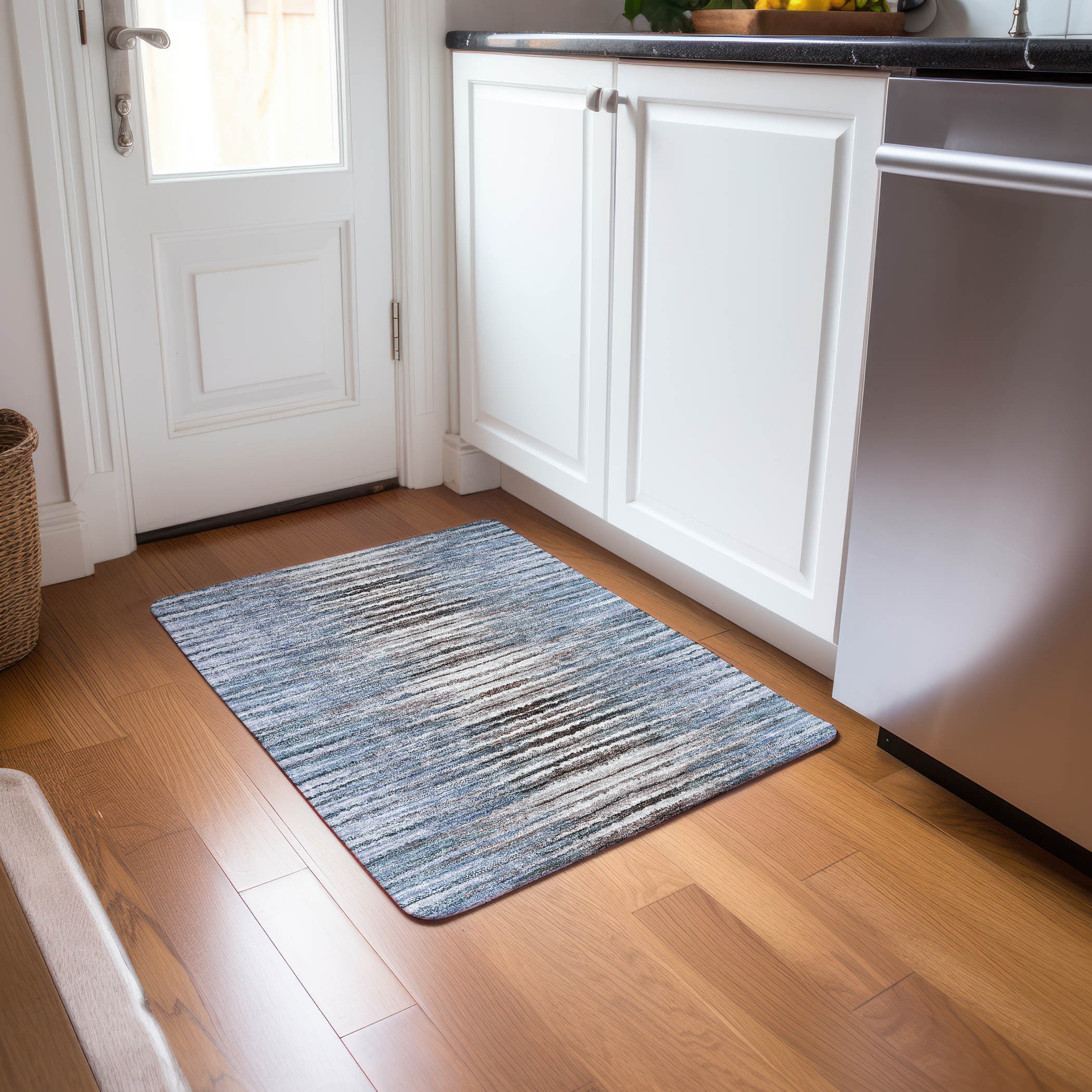 Sky Blue Striped Synthetic Washable Rectangular Rug