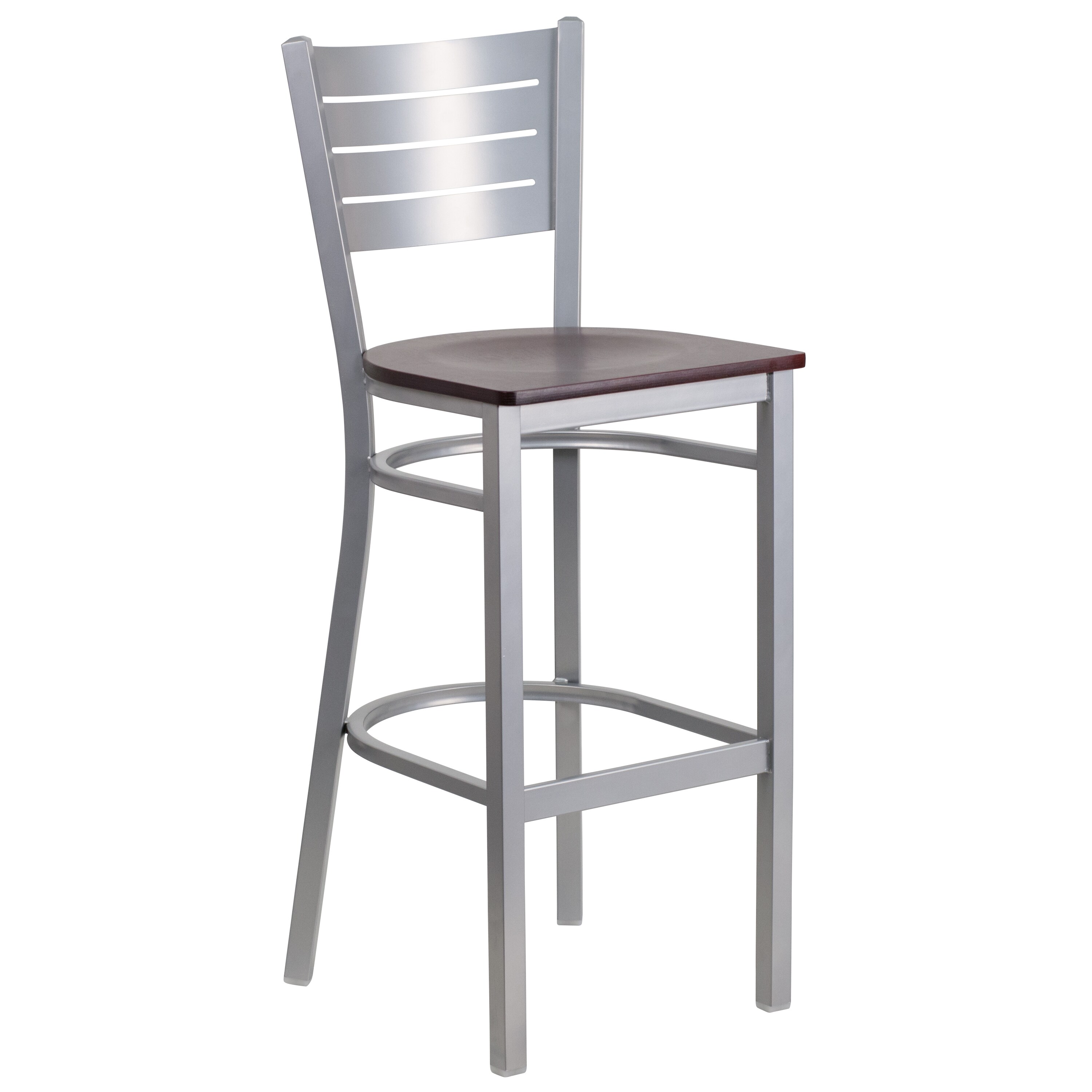 Flash Furniture 889142002024 Mahogany Wood Seat/Silver Frame 29.88-in H Bar height Square seat Metal Bar Stool and Back