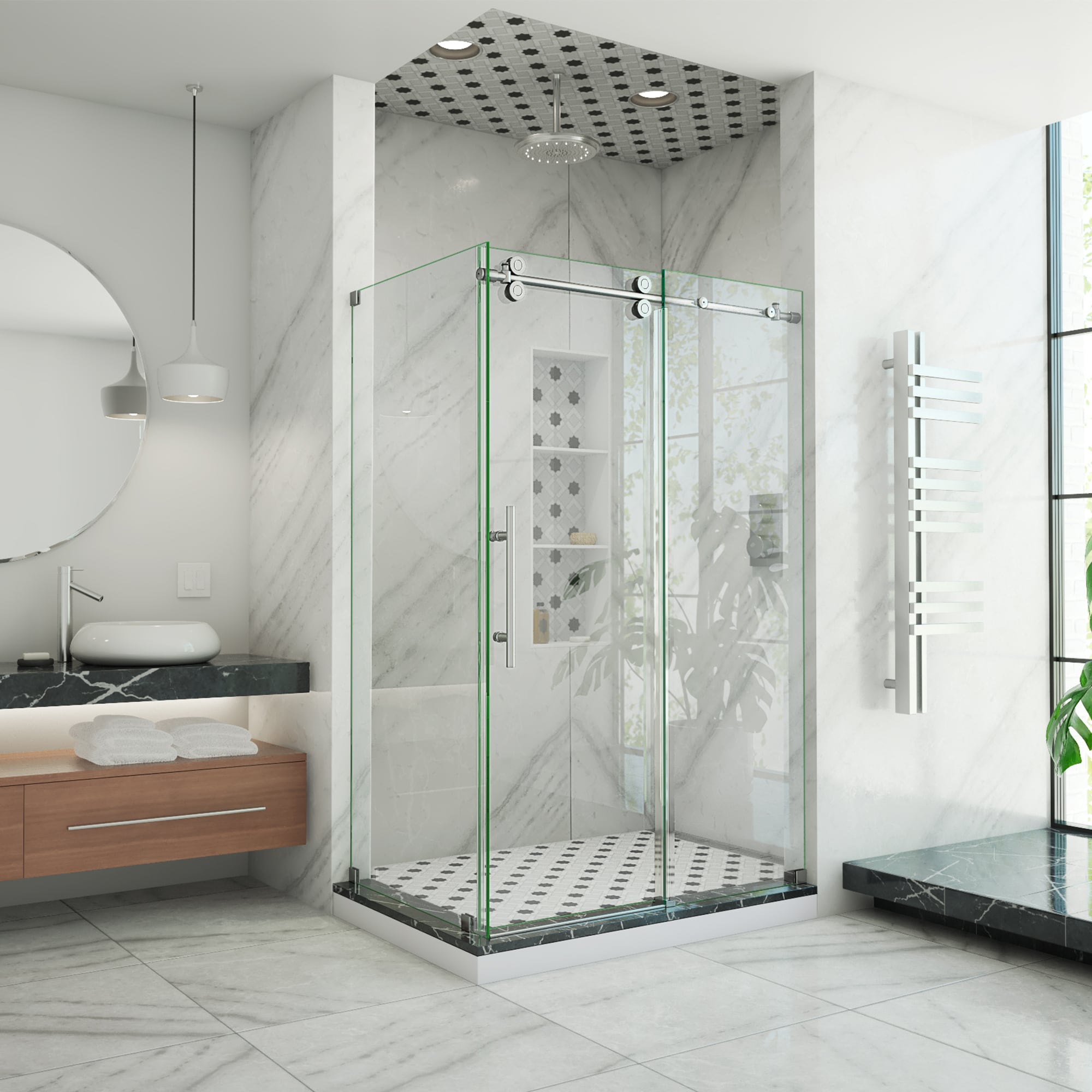 DreamLine SHEN-6132482-07 Enigma-XO Brushed Stainless Steel 44-3/8-in to 48-3/8-in W x 76.0-in H Frameless Sliding Shower door 3/8-in Thick Clear Glass