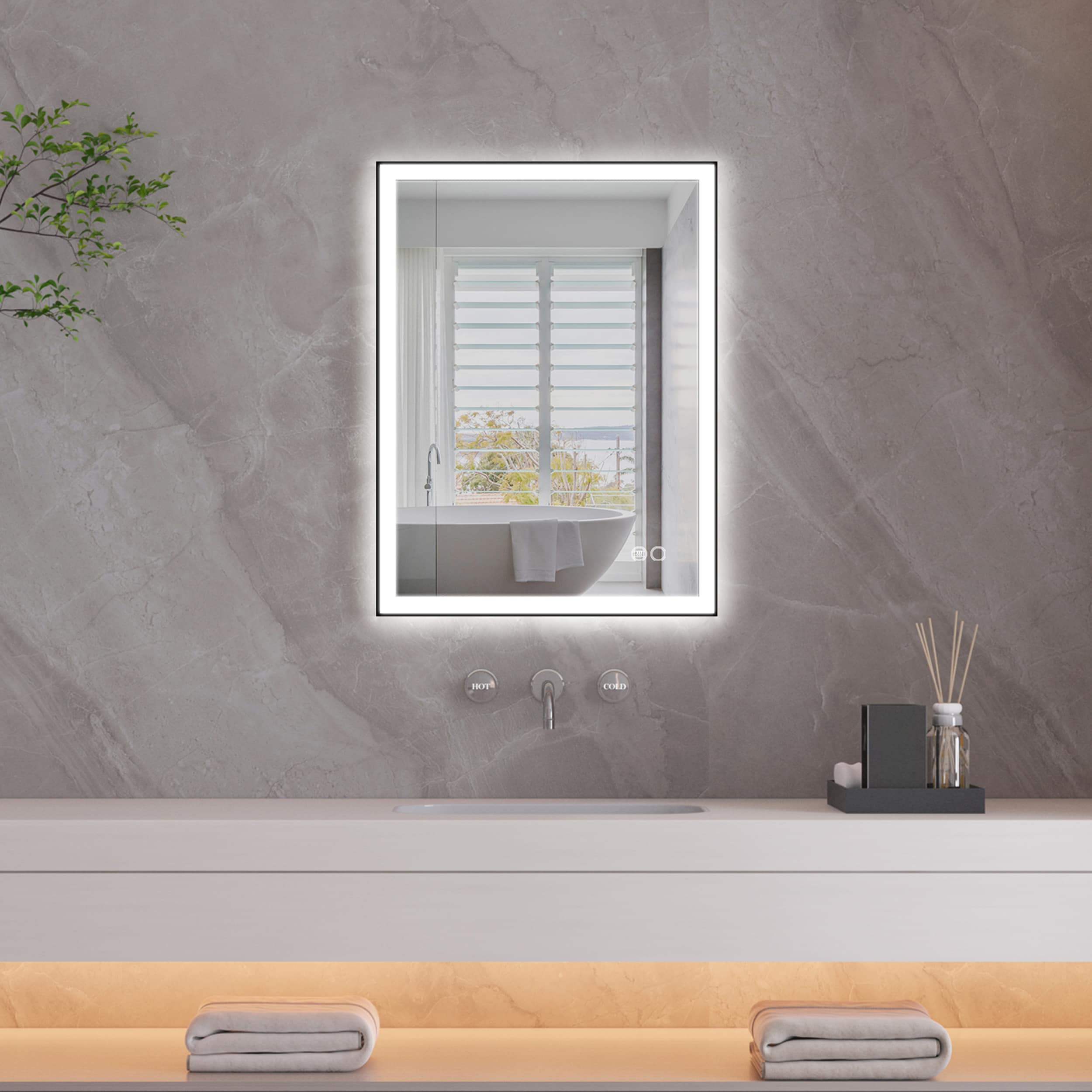 Forclover JSEX2432-BX1 24-in x 32-in Framed Rectangle Dimmable Lighted Fog Free Bathroom Vanity Mirror ( Black )