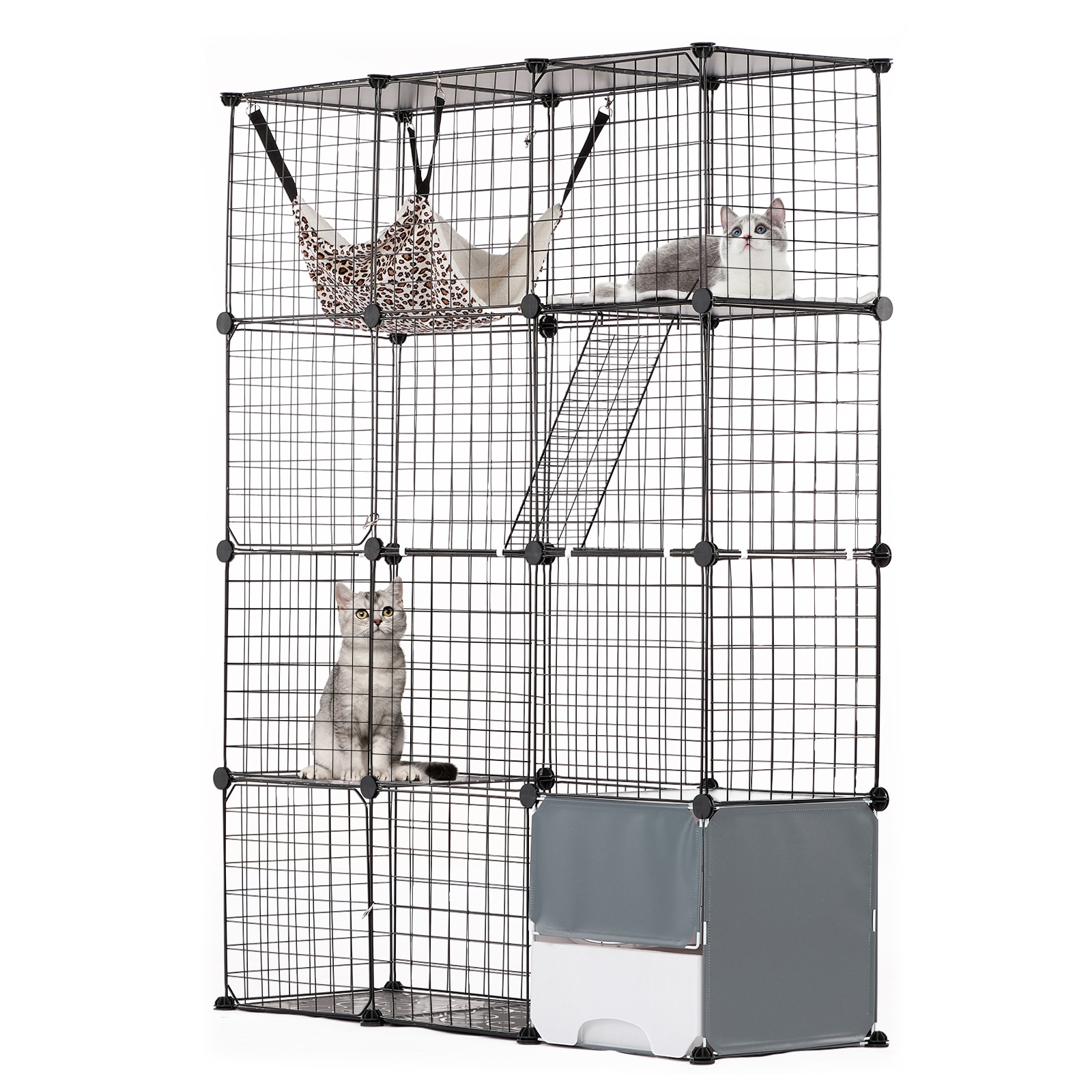 Mecale 41-in x 14-in 4-Tier Metal Wire Cat Cage with 3 Front Doors Hammock Ramp and Litter Box