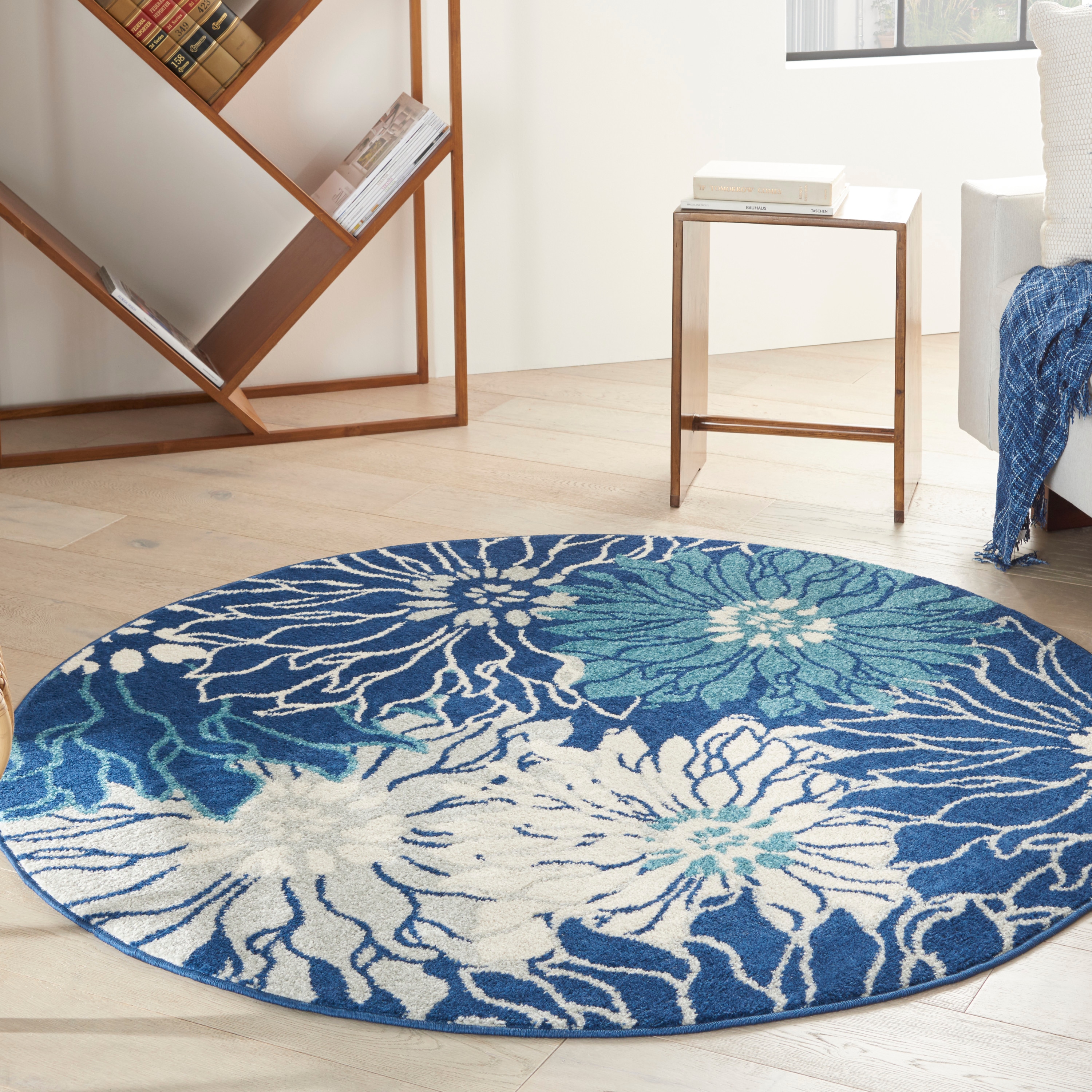 Nourison 099446817655 Passion 4 x 4 (ft) Loomed Polypropylene Navy/Ivory Round Indoor Floral/Botanical Mid-Century Modern Area rug