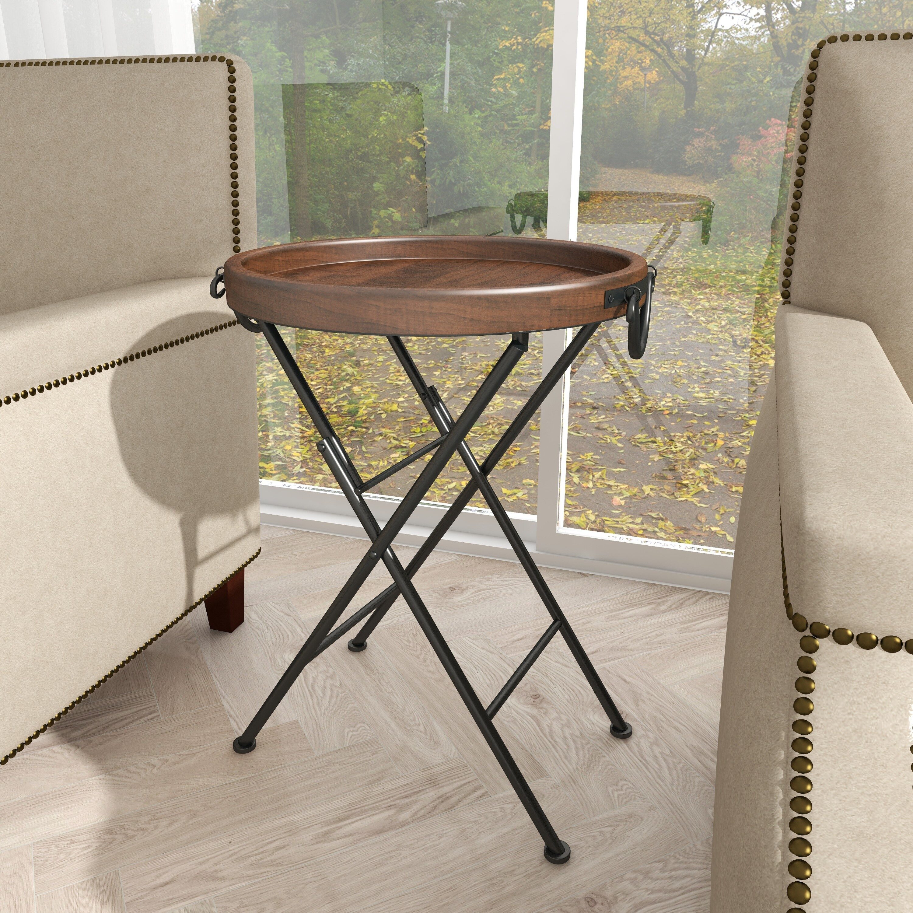 Black Metal Folding Accent Table with Brown Wood Top