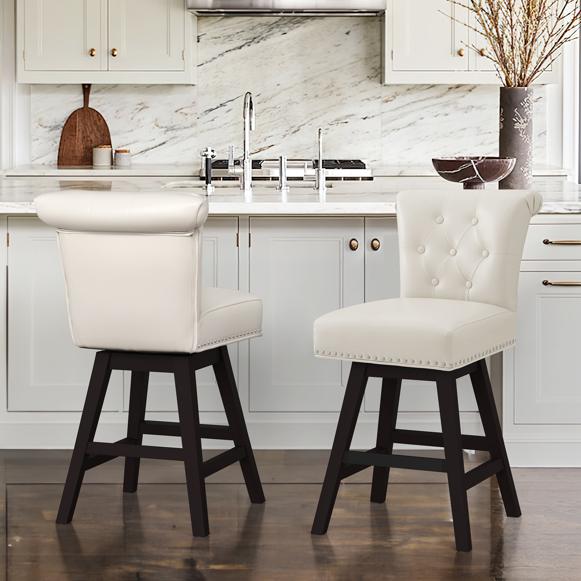 LUE BONA YB-015-04LS Set of 2 Ivory/Faux Leather 25.8-in H Counter height (24-in to 27-in) Square Seat Upholstered Swivel Wood Back Bar Stool Back