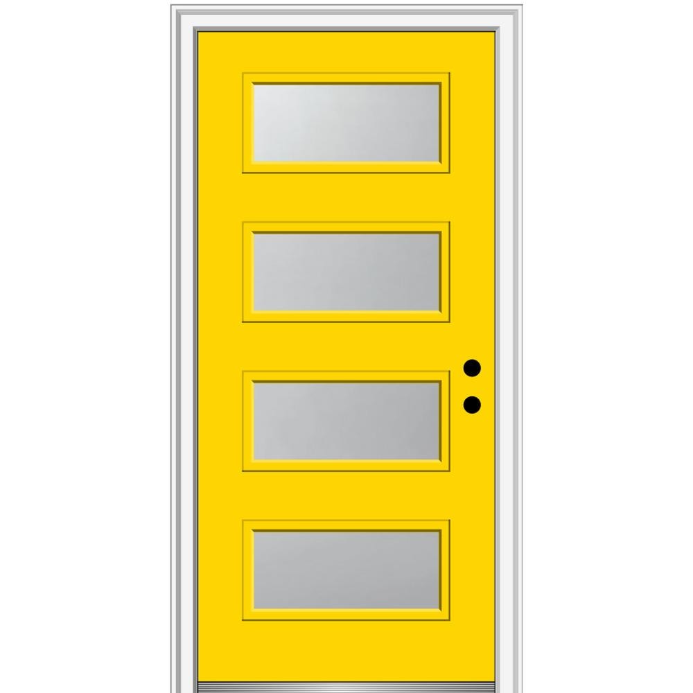MMI DOOR ZZ346918L Spotlights 36-in x 80-in x 4-9/16-in Fiberglass Pulse lite Left-hand inswing Yellow Flash Painted Prehung Front Door with Brickmould Insulating core