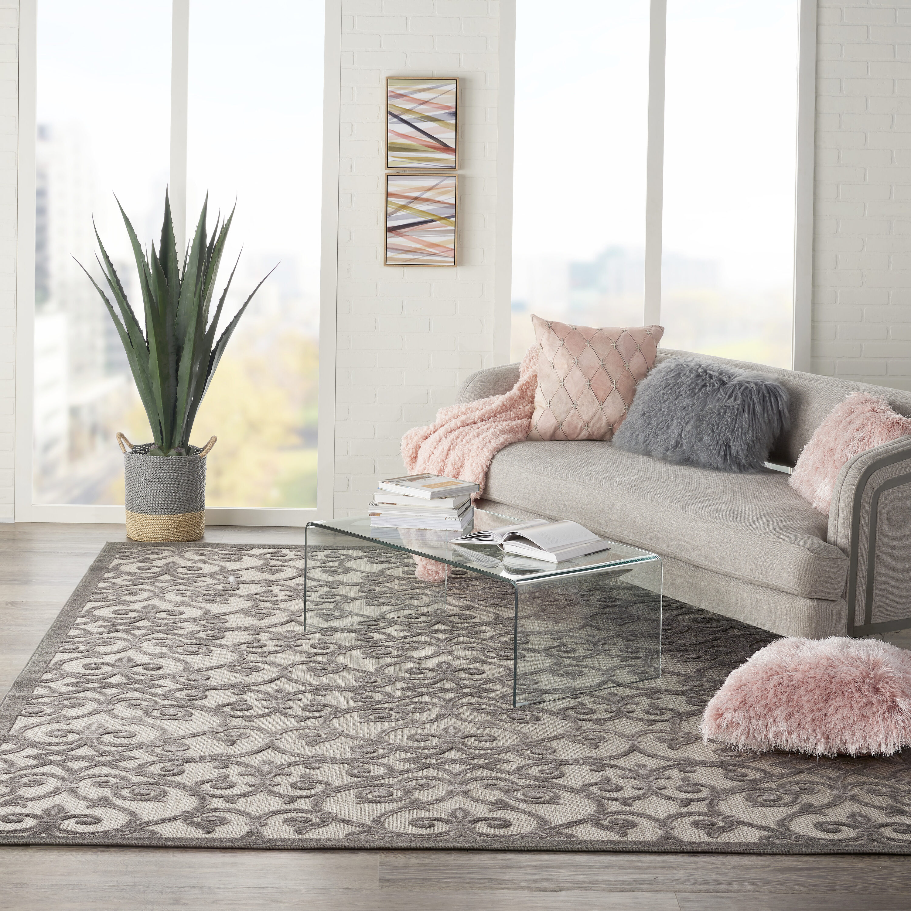 Nourison 99446739582 Aloha 8 x 10 (ft) Loomed Polypropylene Grey/charcoal Rectangular Indoor/Outdoor Abstract Area rug