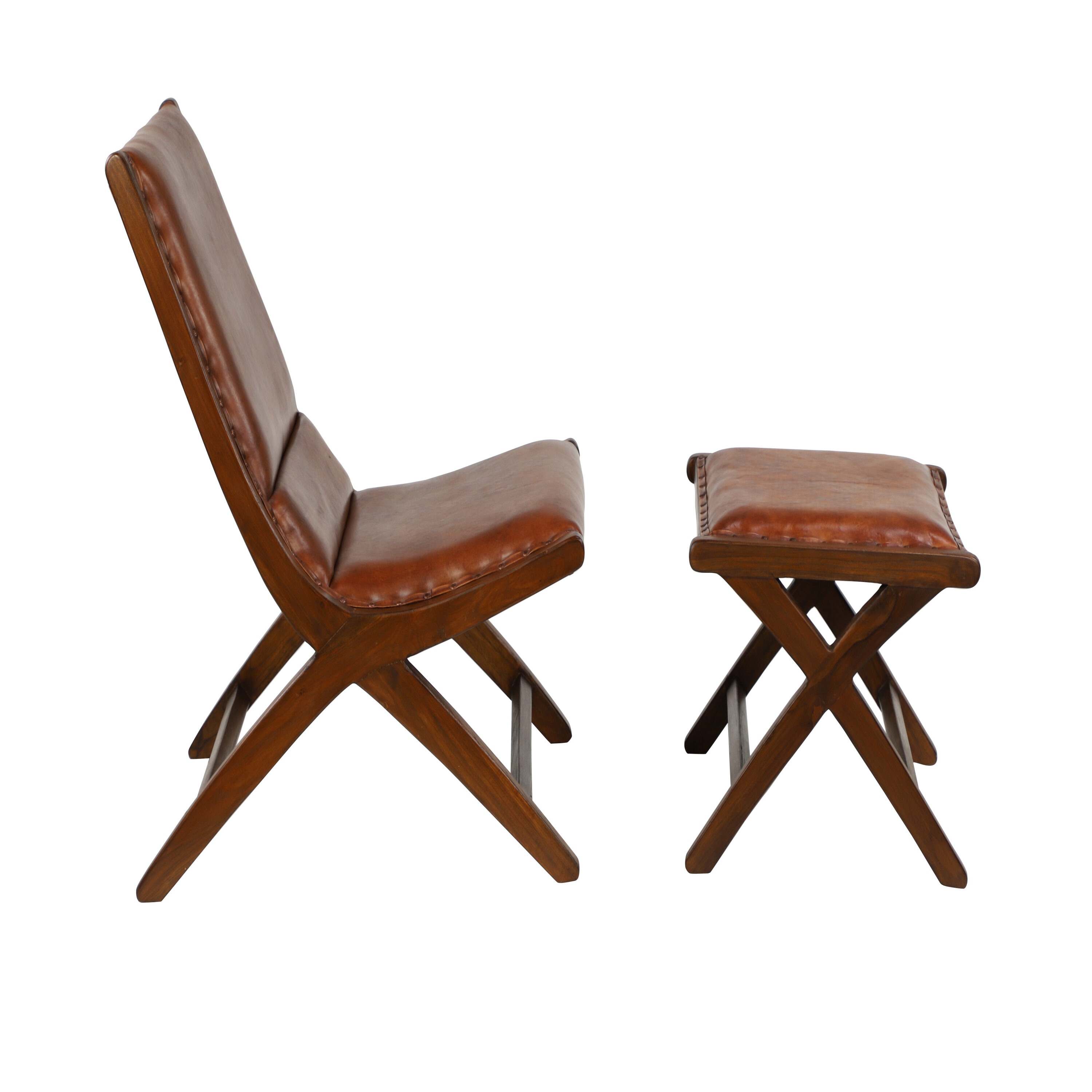 Set of 2 Brown Teak Wood Leather Accent Chairs with Ottoman