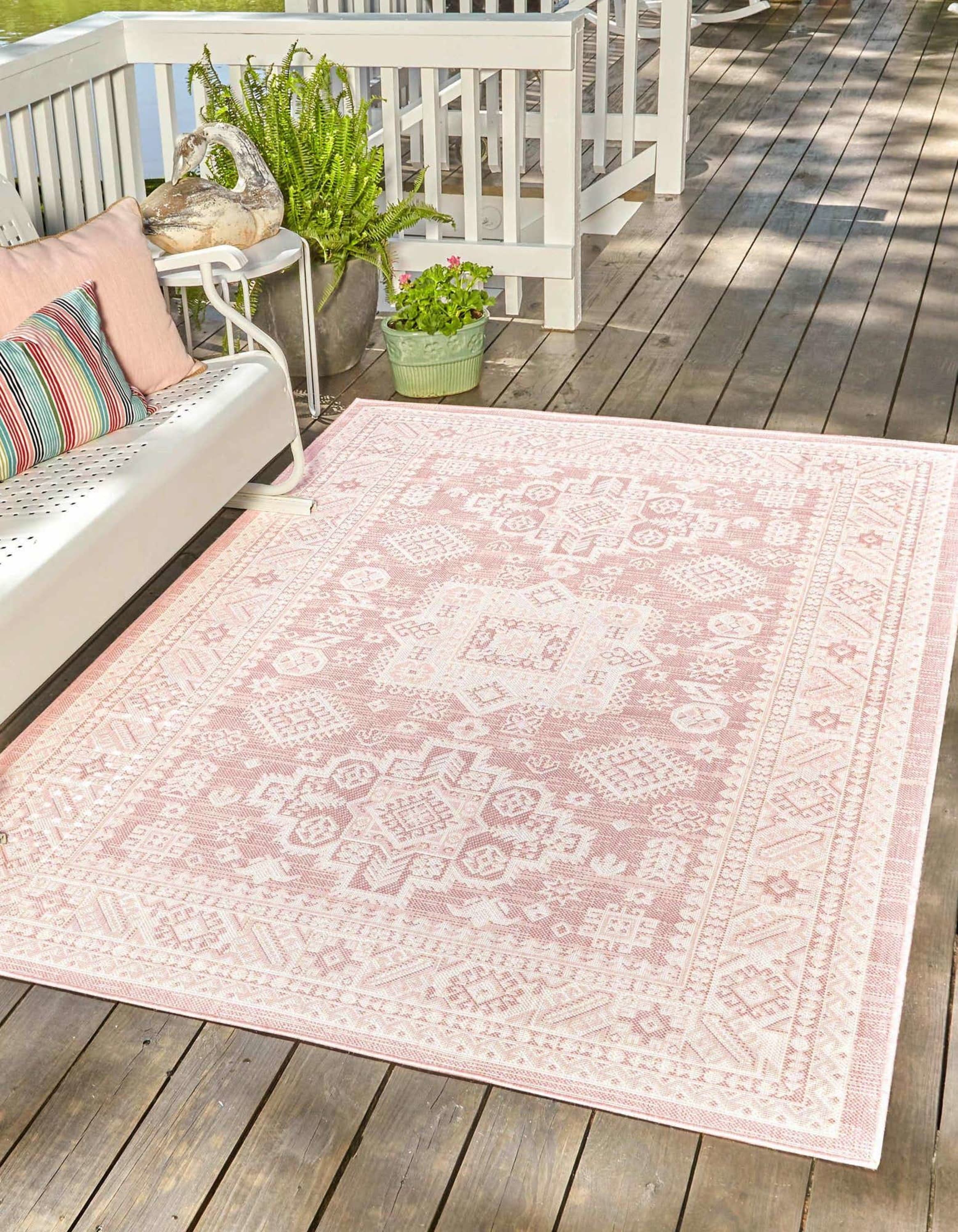 Unique Loom 3162700 Outdoor Aztec 2 x 3 (ft) Loomed Polypropylene Pink Rectangular Indoor/Outdoor Border Area rug